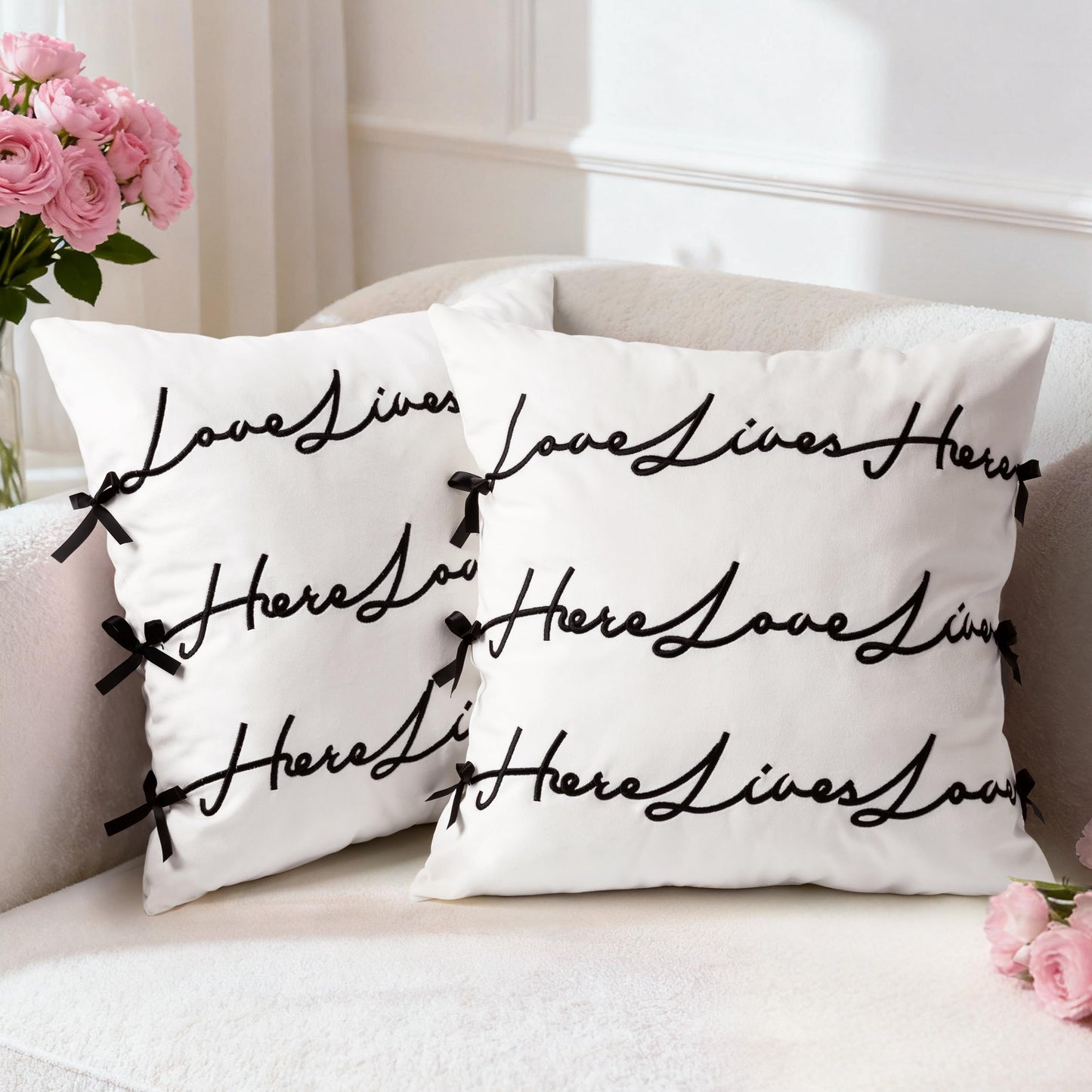 Bow Pillow Cover, Text Design Velvet Bowknot Decorative Pillow Covers for Valentine's Day, Wedding, Christmas, Living Room, Bedroom, Nursery Decor, 18x18 Inch, Love Lives Here, Pink Cream White