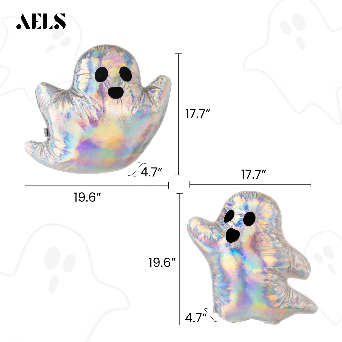 AELS 19.6" Iridescent Ghost Decorative Throw Pillow Set of 2, Ghost Shaped Throw Pillows, Halloween Decorations, Halloween Pillows for Holiday Party Home, Decor for Living Room Bedroom, Rainbow Silver