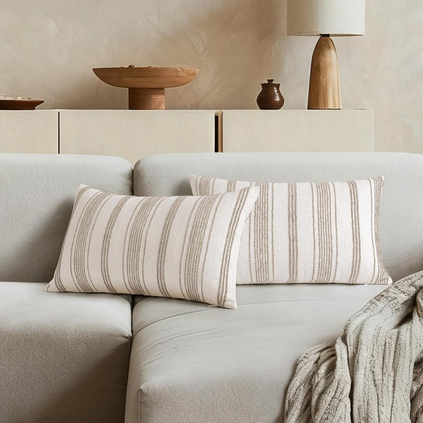 AELS 12x20 Decorative Farmhouse Linen Lumbar Pillow Covers, Beige with Olive Green Chenille Striped Pillow Case, Set of 2, Boho Textured Cushion Cover for Sofa Couch Living Room (Cover ONLY)