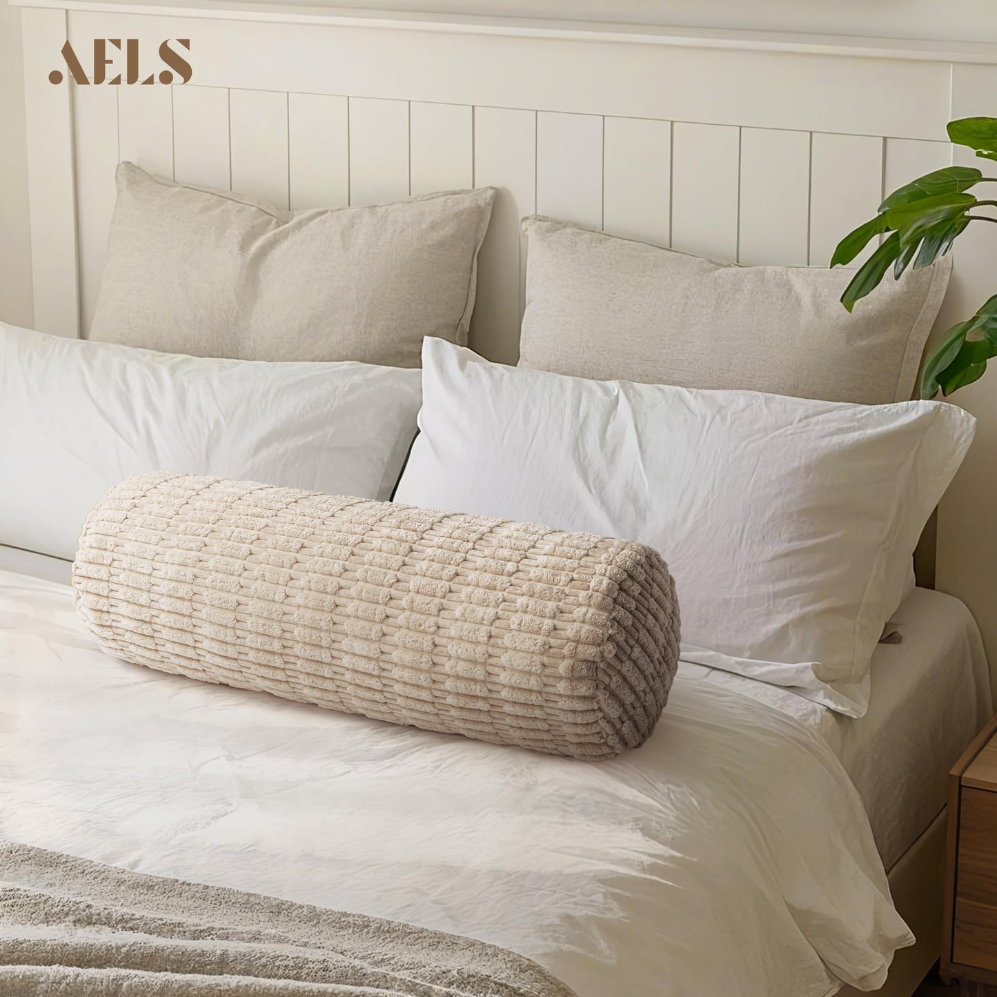 AELS Faux Fur Striped Cylinder Pillows Set of 2, 8" x 24" Decorative Modern Bolster Pillows with Removable Washable Cover & Insert, Body Pillow for Couch Bed, Living Room Bedroom Nursery Decor, White
