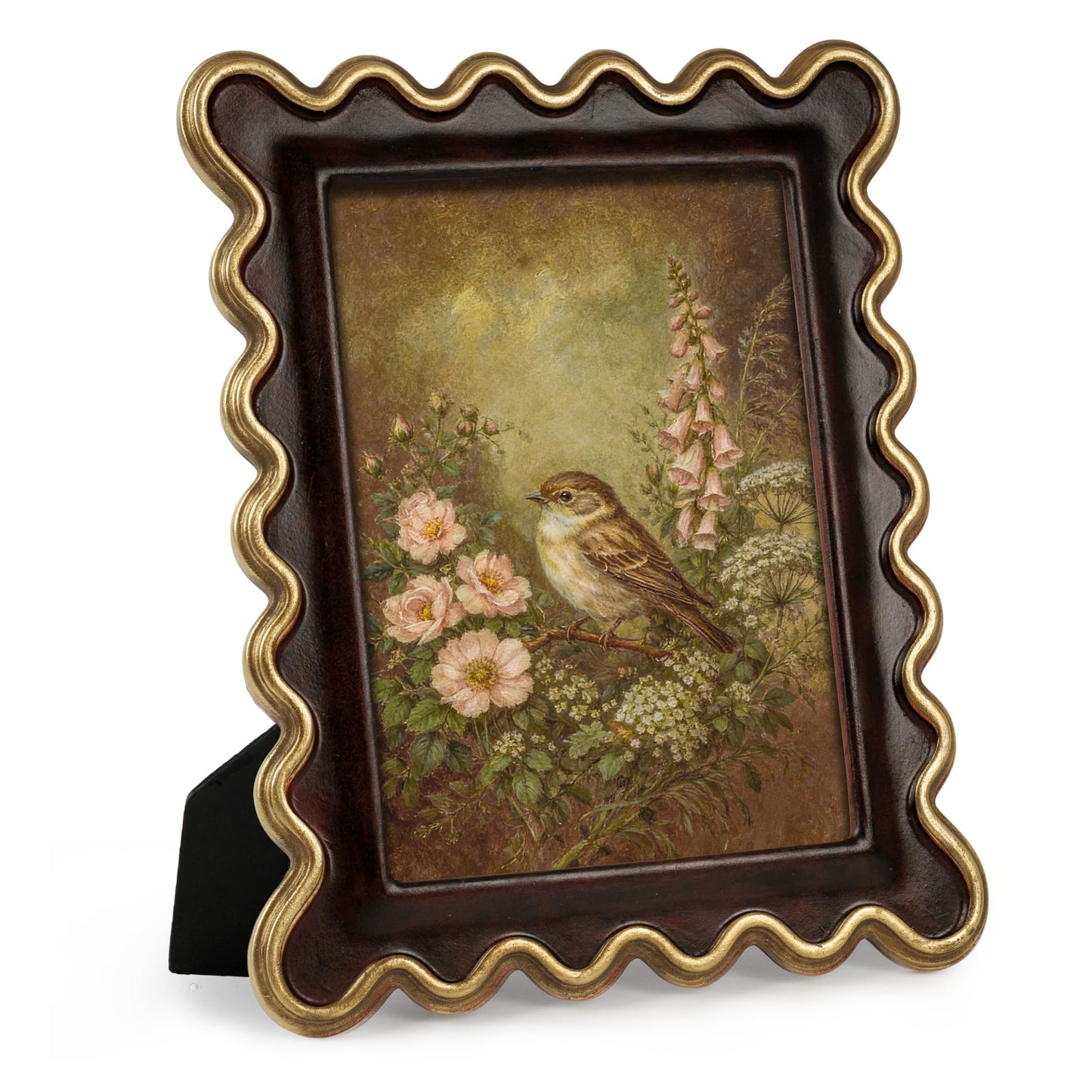 AELS 4x6 Inch Vintage Scalloped Picture Frame, Mid Century Modern Antique Photo Frames with Glass Front, Photo Display, Tabletop Wall Hanging, Gift Ideas, Dark Walnut