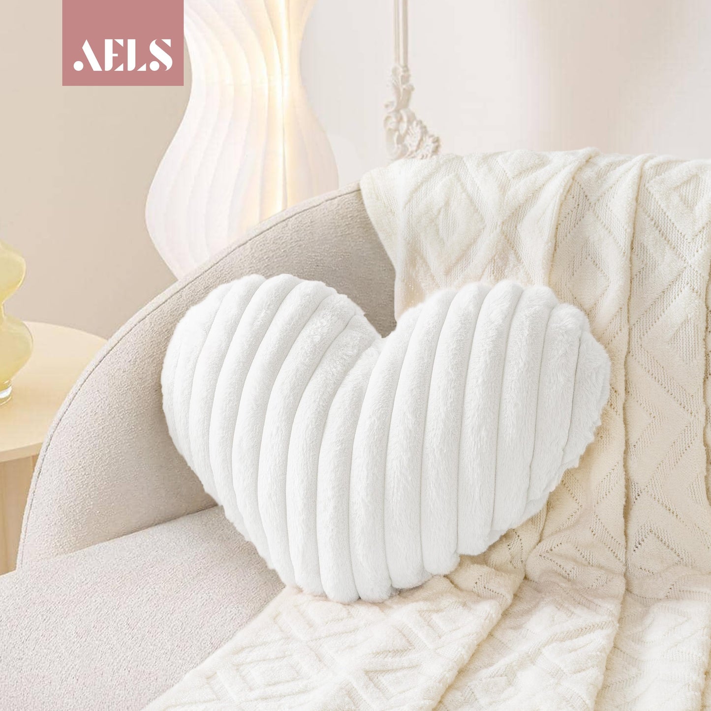 AELS Heart Shaped Pillow, 20 Inches Heart Decorative Throw Pillows, Faux Fur Love Cute Pillows, Valentines Day Decorations, Wedding Decor, Living Room Bedroom Nursery Decor, White