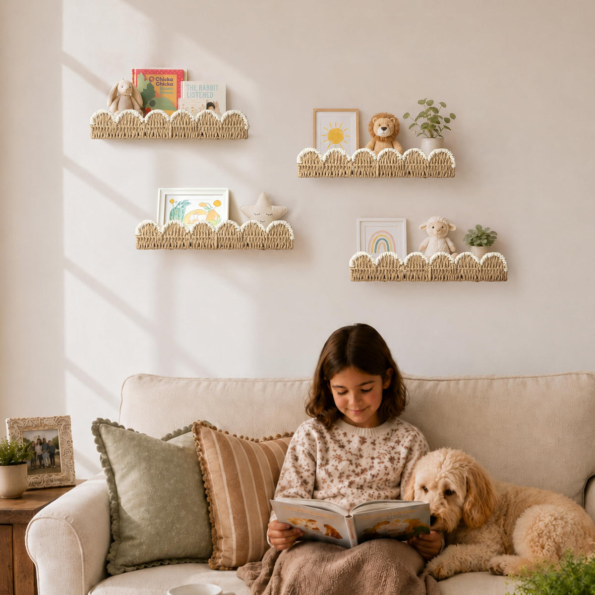 AELS Scalloped Nursery Bookshelf Set of 2, Woven Rattan Wall Shelf Beige