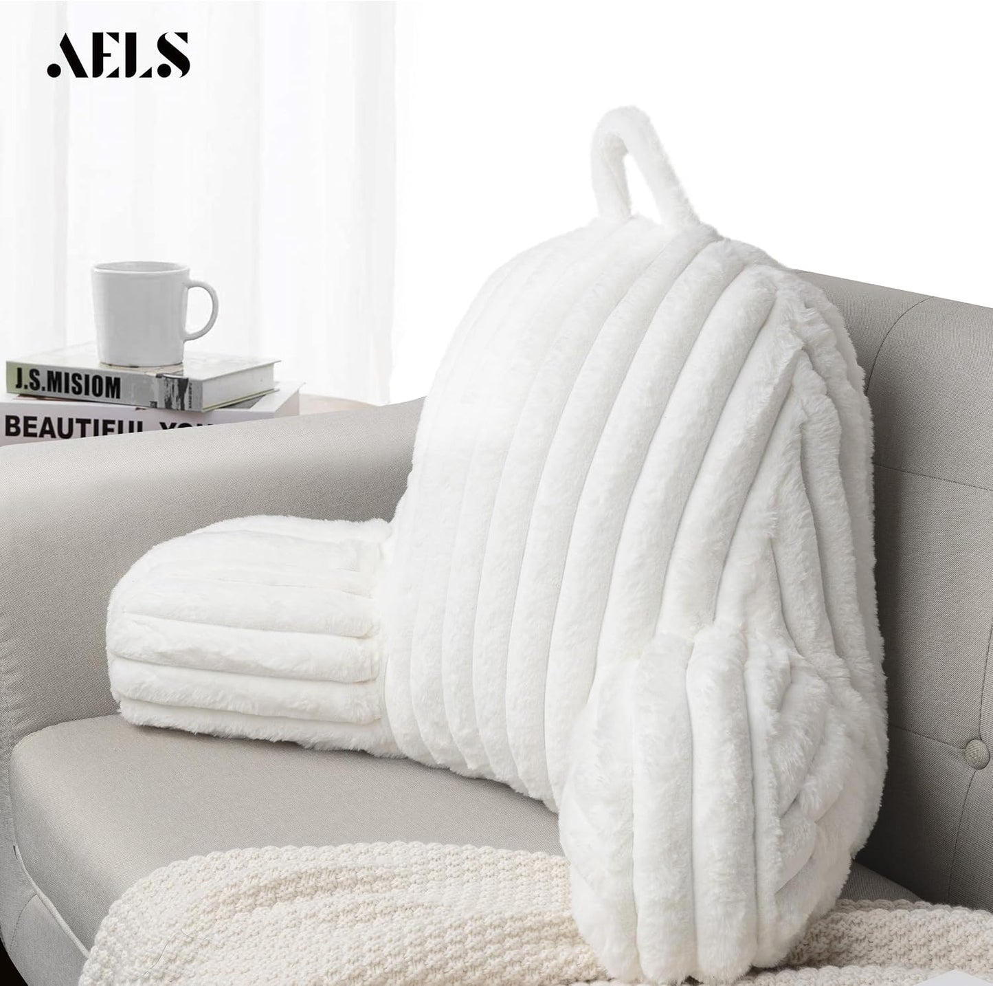 Large Reading Pillow Replacement Cover with Arms and Pockets (Cover ONLY), 18" Soft Faux Fur Striped Backrest Pillow Cover Fits Standard Size Reading Pillows, Cream White