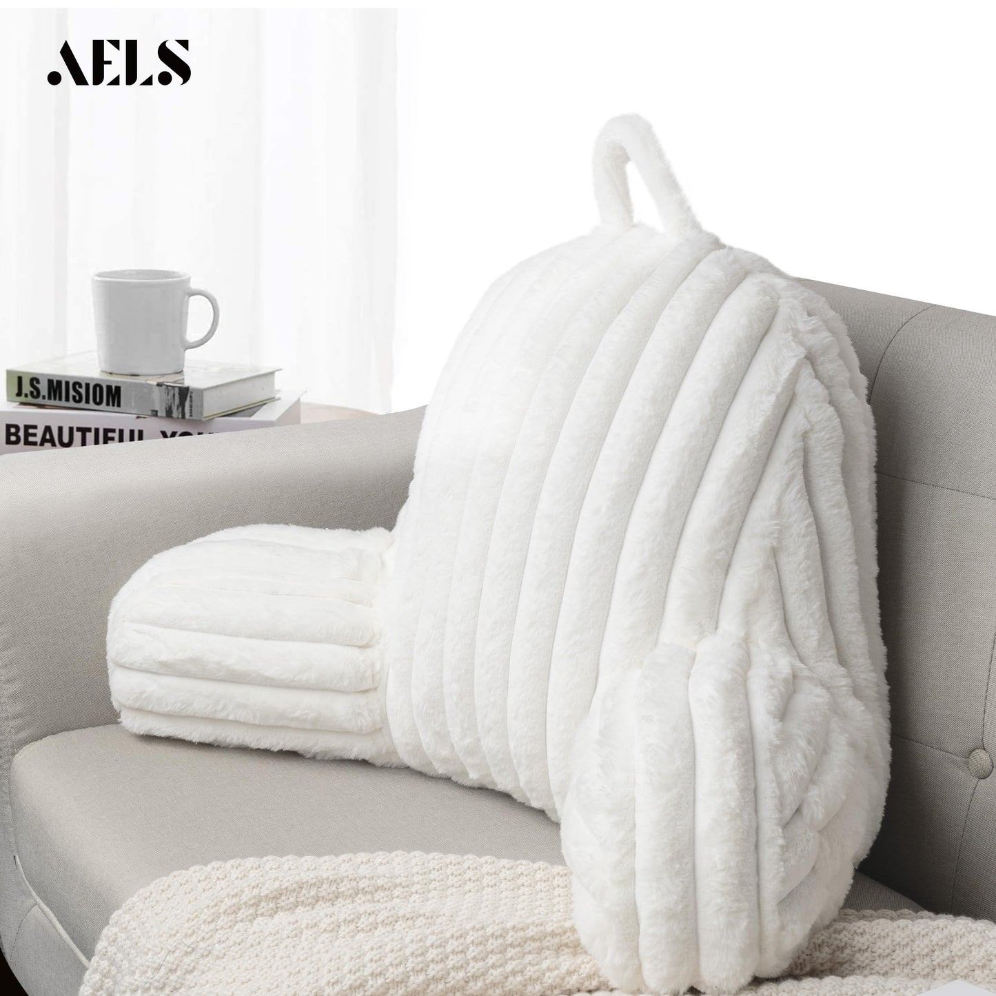 AELS Large Reading Pillow Replacement Cover with Arms and Pockets (Cover ONLY), 18" Soft Faux Fur Striped Backrest Pillow Cover Fits Standard Size Reading Pillows, Cream White