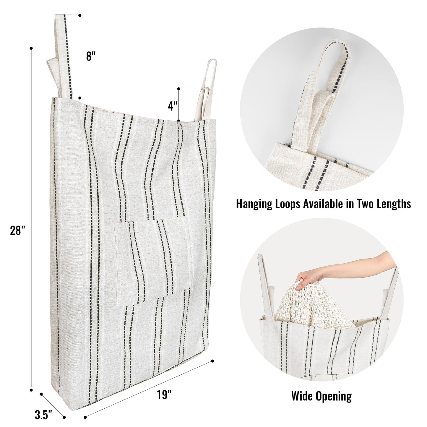 Farmhouse Hanging Laundry Hamper with 2 Hooks, Washable Beige & Stripes Laundry Bag with Zipper & Wide Open Top, Over the Door Organizer for Dirty Clothes, Space Saving Storage