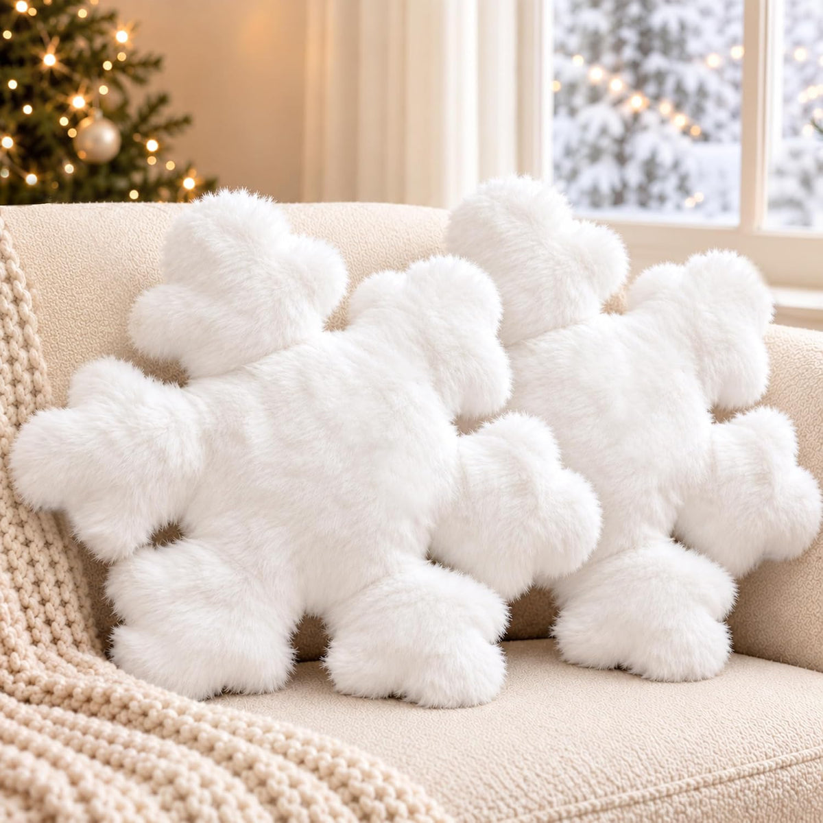 AELS Set of 2 Snowflake Christmas Faux Fur Decorative Throw Pillows, White
