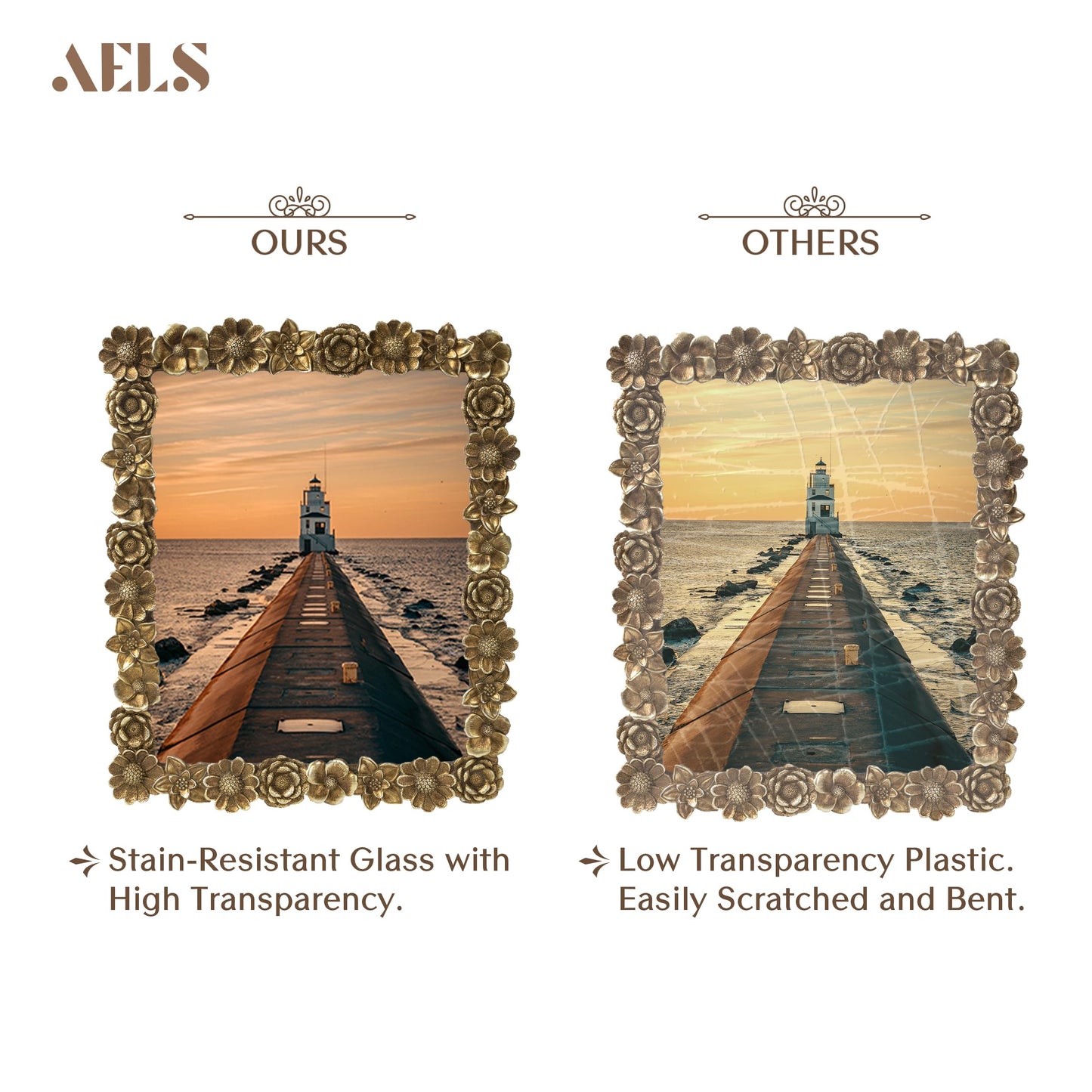 AELS 5x7 Inch Floral Vintage Picture Frame, Elegant Antique Photo Frames with Glass Front, Photo Display, Tabletop Wall Hanging, Gift Ideas, Gold Flower