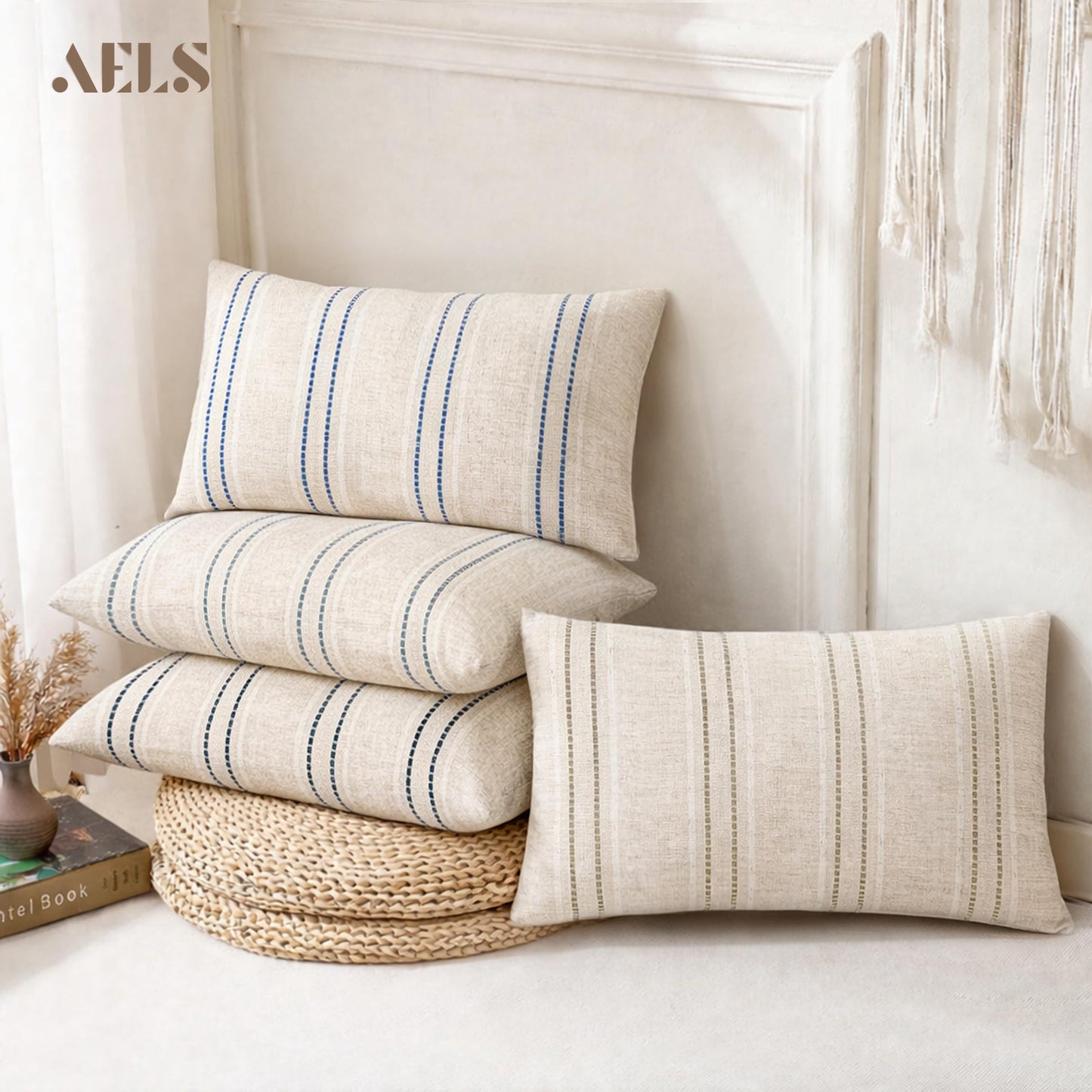 AELS 12x20 Decorative Farmhouse Linen Blend Throw Pillow Covers, Boho Textured Pillow Case, Set of 2, Beige with White & Brown Stitch Yarn Dyed Stripe Cushion Cover for Sofa Living Room (Cover ONLY)