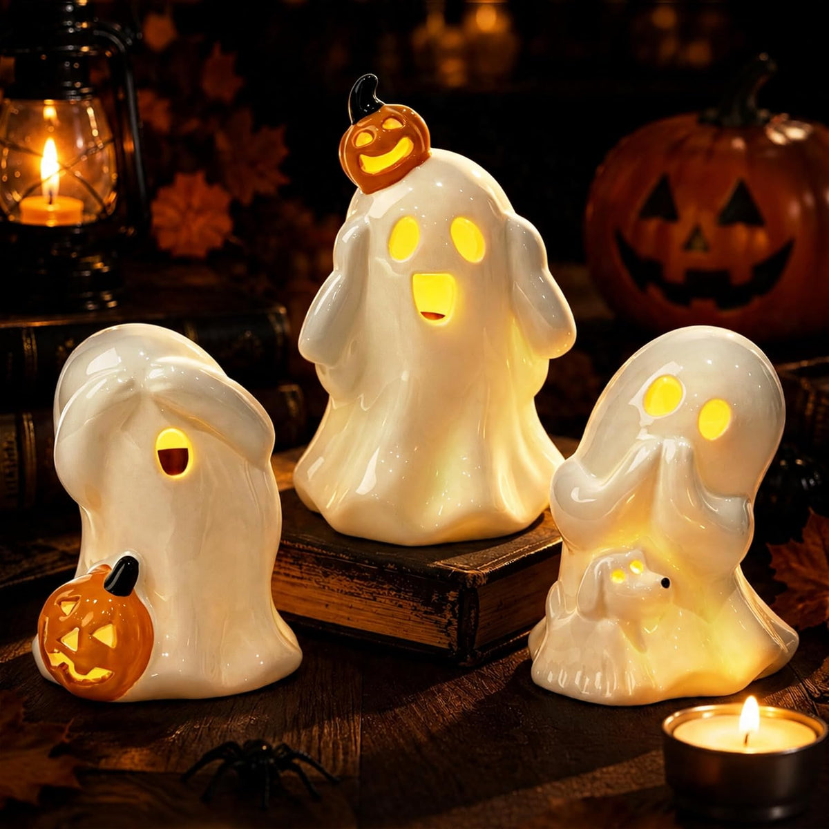 AELS Ceramic Ghost Candle Holder Set of 3, Halloween Tea Light Decor