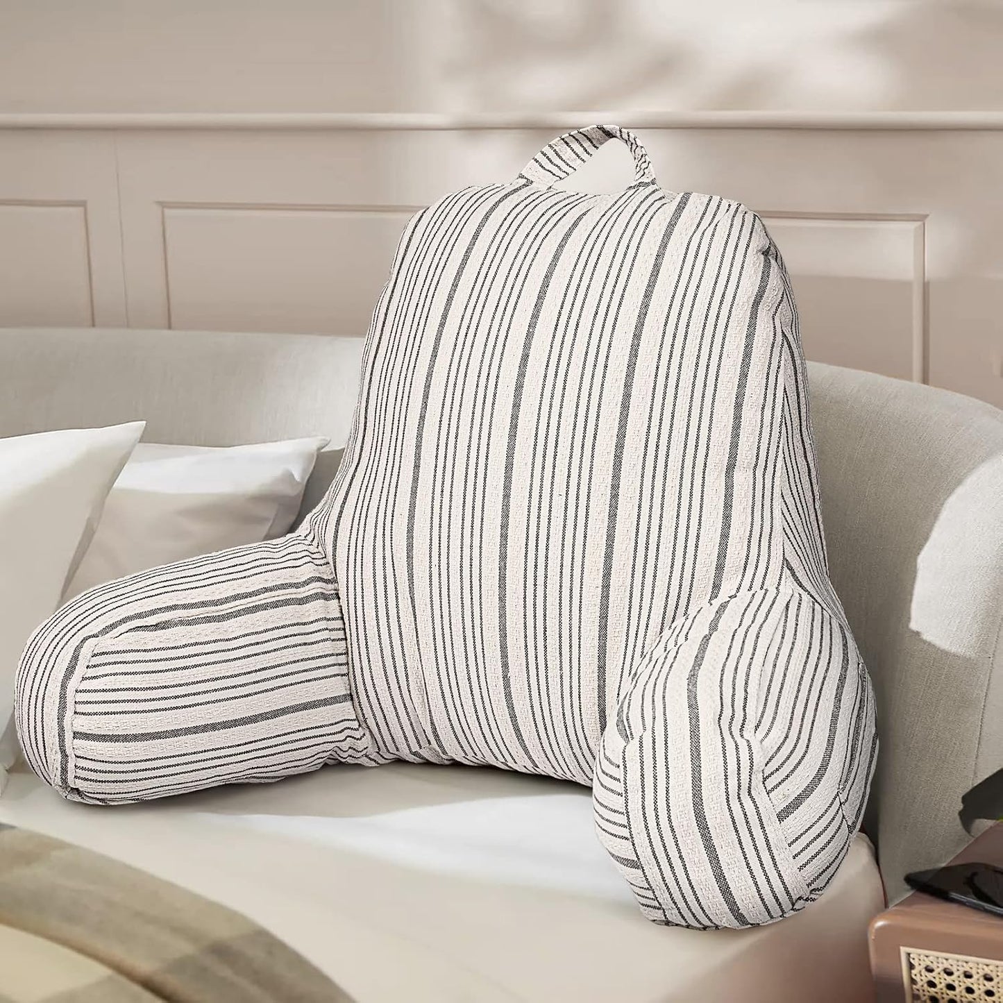 Reading Pillow Replacement Cover (No Insert) with Arms and Pockets, 18" Beige with Gray Stripes Textured Backrest Pillow Cover Fits Standard Size Pillows (Cover ONLY)