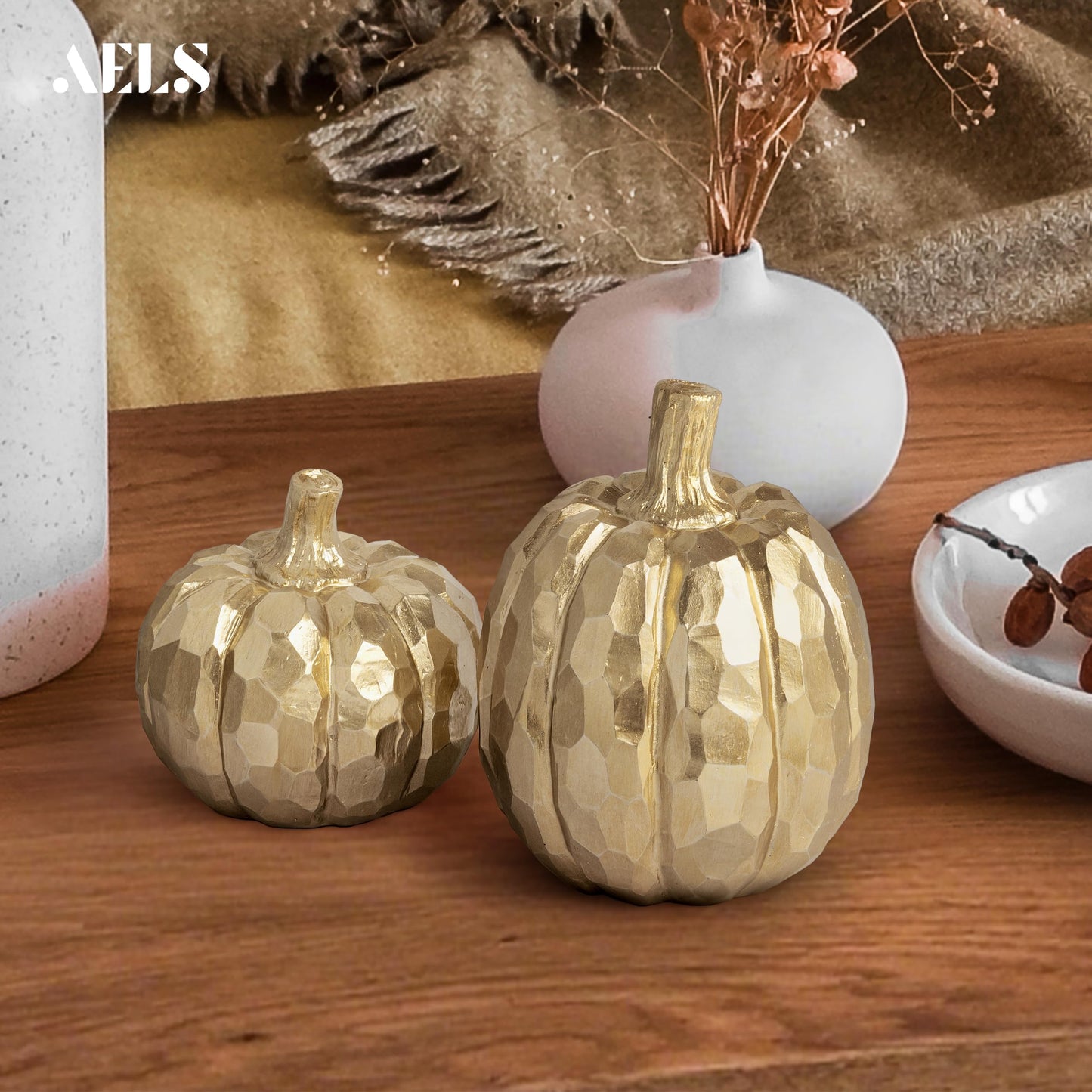 AELS 5.9" Tall Modern Farmhouse Pumpkins Fall Decor Indoor, Set of 2 Elegant Tabletop Decorations, Resin Artificial Pumpkins Decor for Fall Table Runner, Office, Holiday Party Home, White