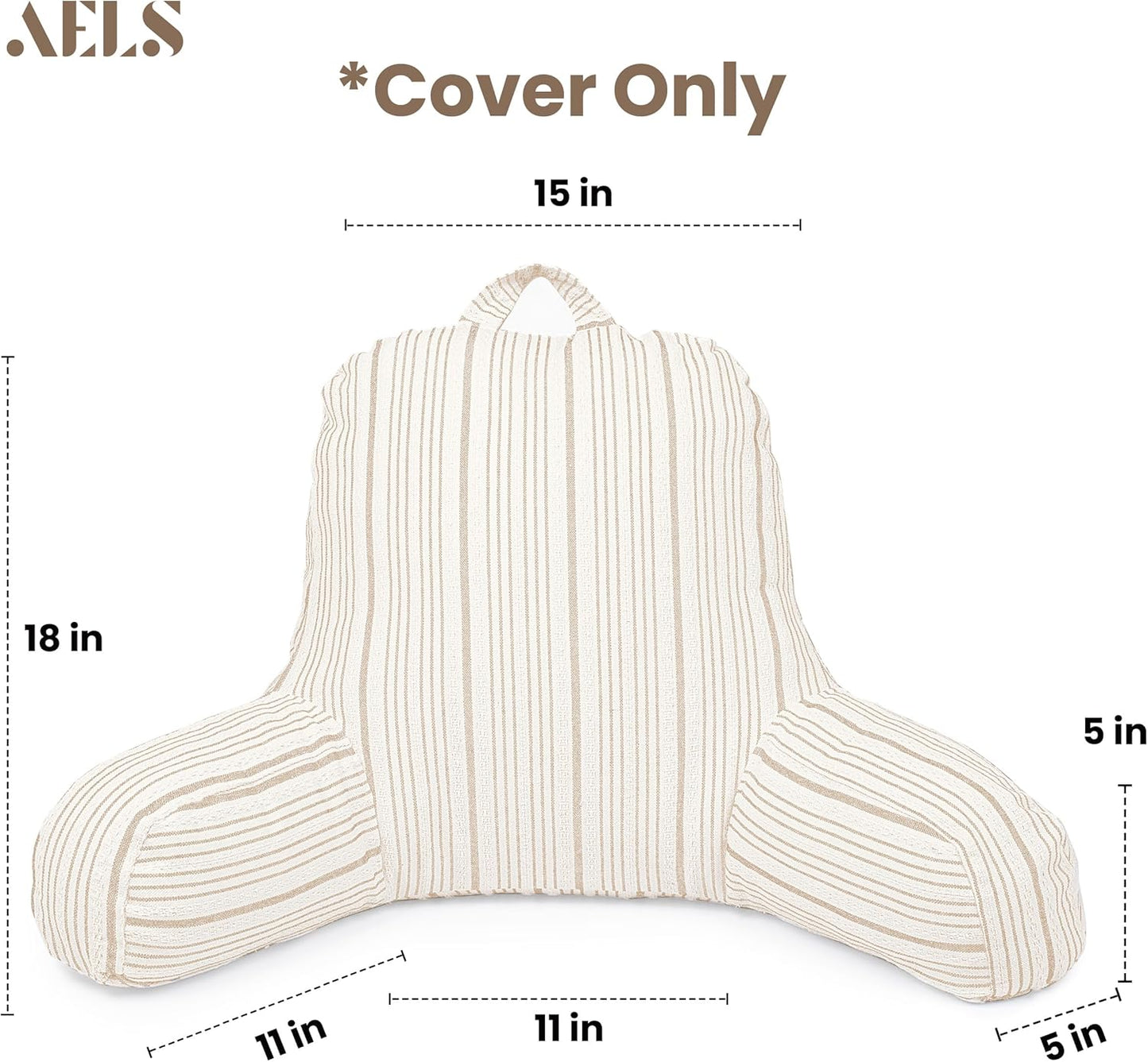 AELS Reading Pillow Replacement Cover (No Insert) with Arms and Pockets, 18" Beige with Light Brown Stripes Textured Backrest Pillow Cover Fits Standard Size Pillows (Cover ONLY)