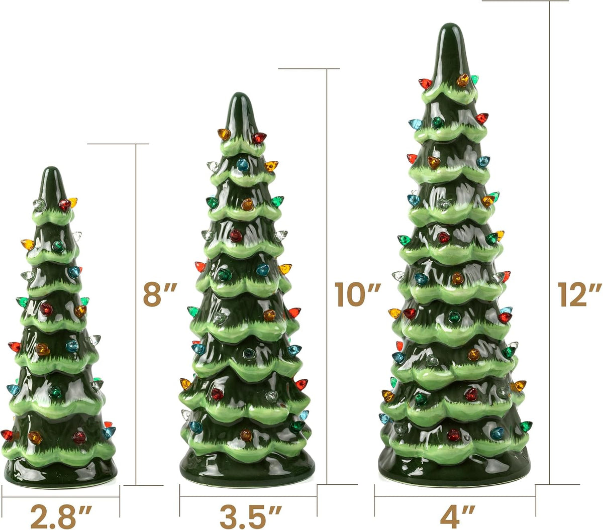 AELS Cordless Lighted Ceramic Christmas Tree Set of 3 Pre-Lit Green