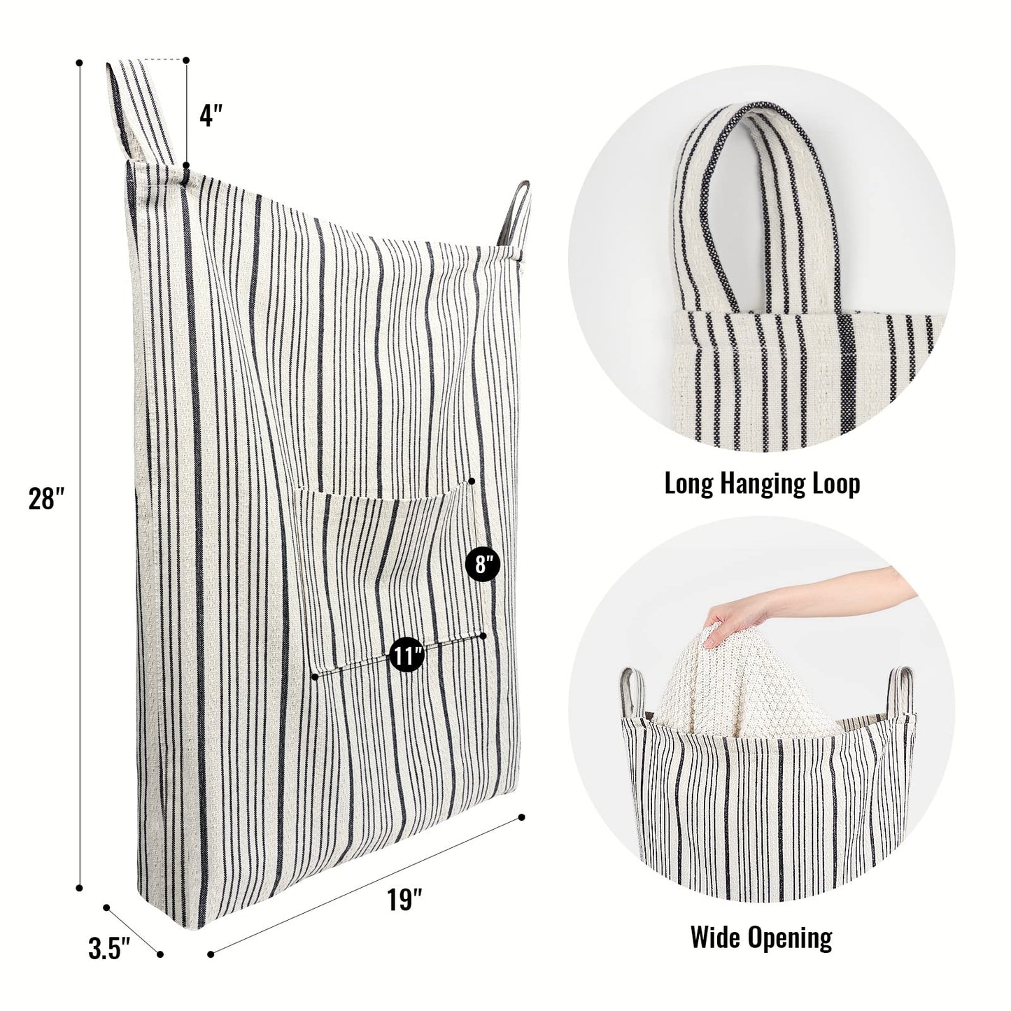 Farmhouse Hanging Laundry Hamper with 2 Hooks, Washable Beige & Stripes Laundry Bag with Zipper & Wide Open Top, Over the Door Organizer for Dirty Clothes, Space Saving Storage