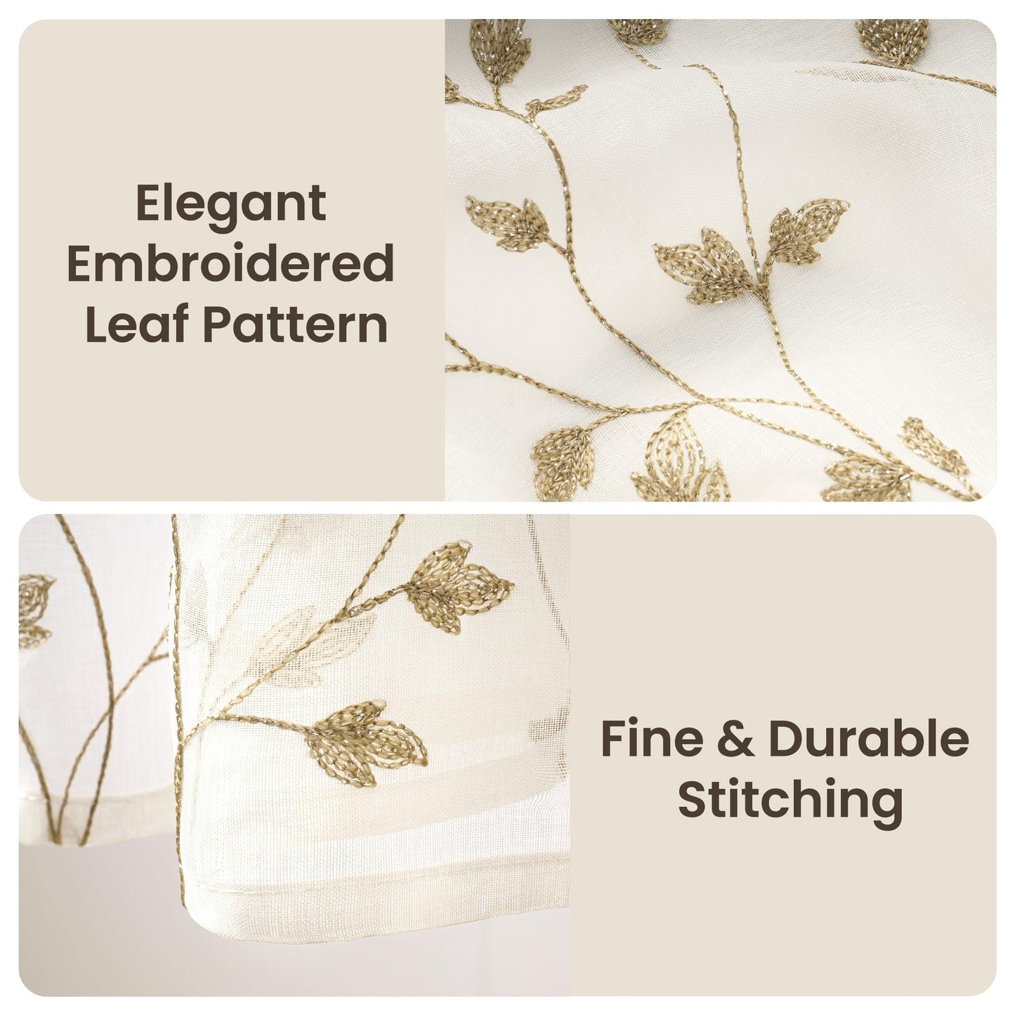 Semi White Sheer Curtains 84 Inches Long 2 Panels Set, White Stem | Embroidered Leaf Patterned Voile Window Treatments for Living Room Bedroom, Airy Light Filtering Grommet Curtains 52"W x 84"L