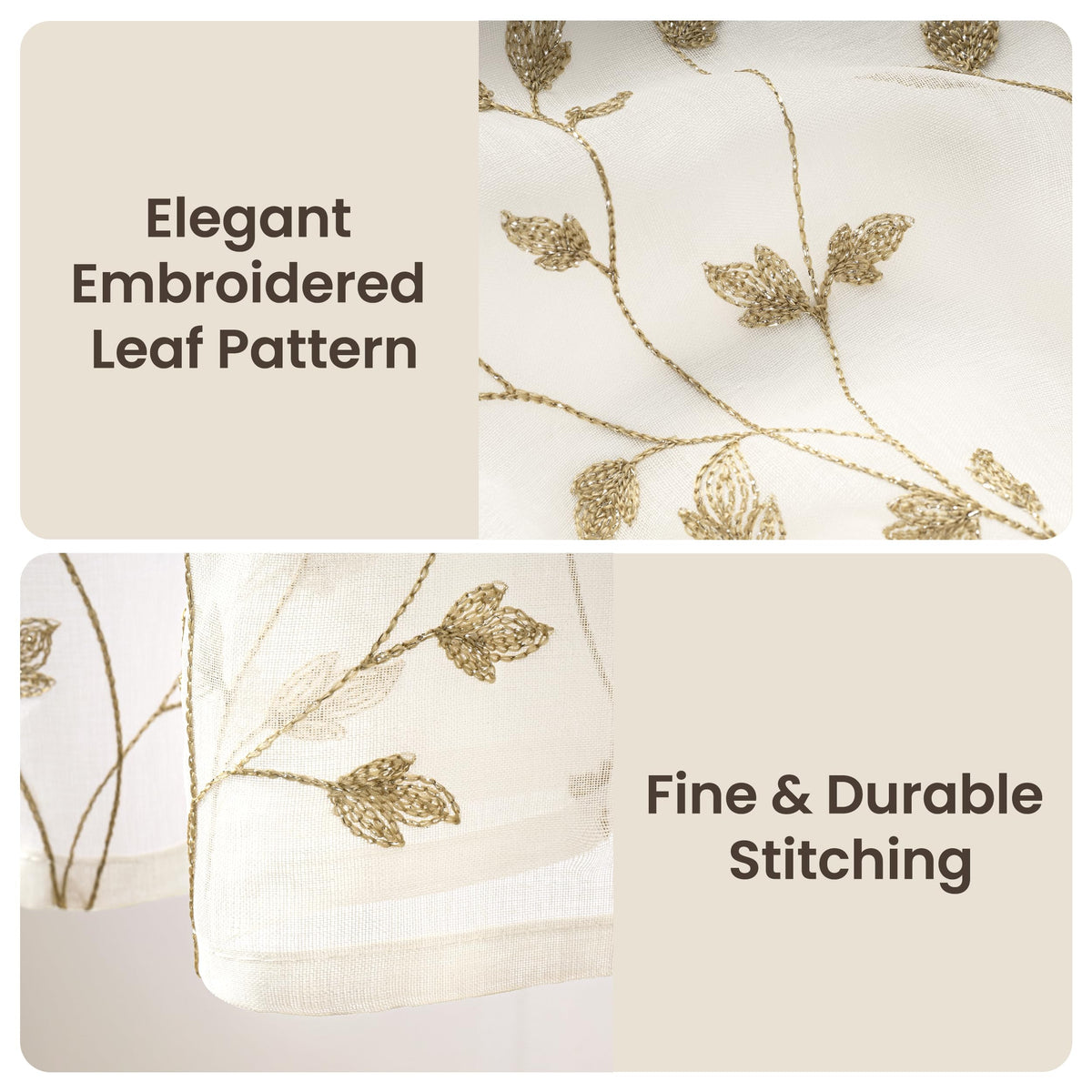 AELS Embroidered Sheer Curtains 84 Inches Long 2 Panels Set, Green Leaf