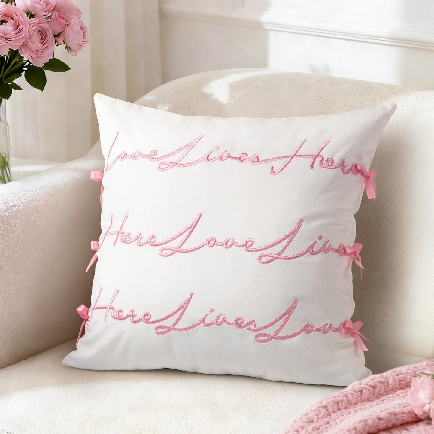 Bow Pillow Cover, Text Design Velvet Bowknot Decorative Pillow Covers for Valentine's Day, Wedding, Christmas, Living Room, Bedroom, Nursery Decor, 18x18 Inch, Love Lives Here, Pink Cream White