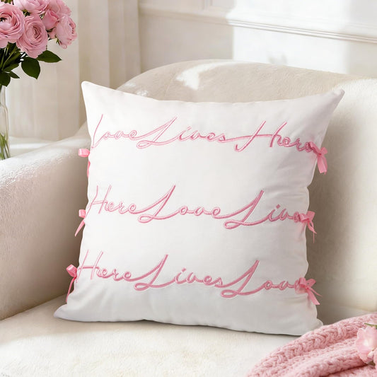Bow Pillow Cover, Text Design Velvet Bowknot Decorative Pillow Covers for Valentine's Day, Wedding, Christmas, Living Room, Bedroom, Nursery Decor, 18x18 Inch, Love Lives Here, Pink Cream White