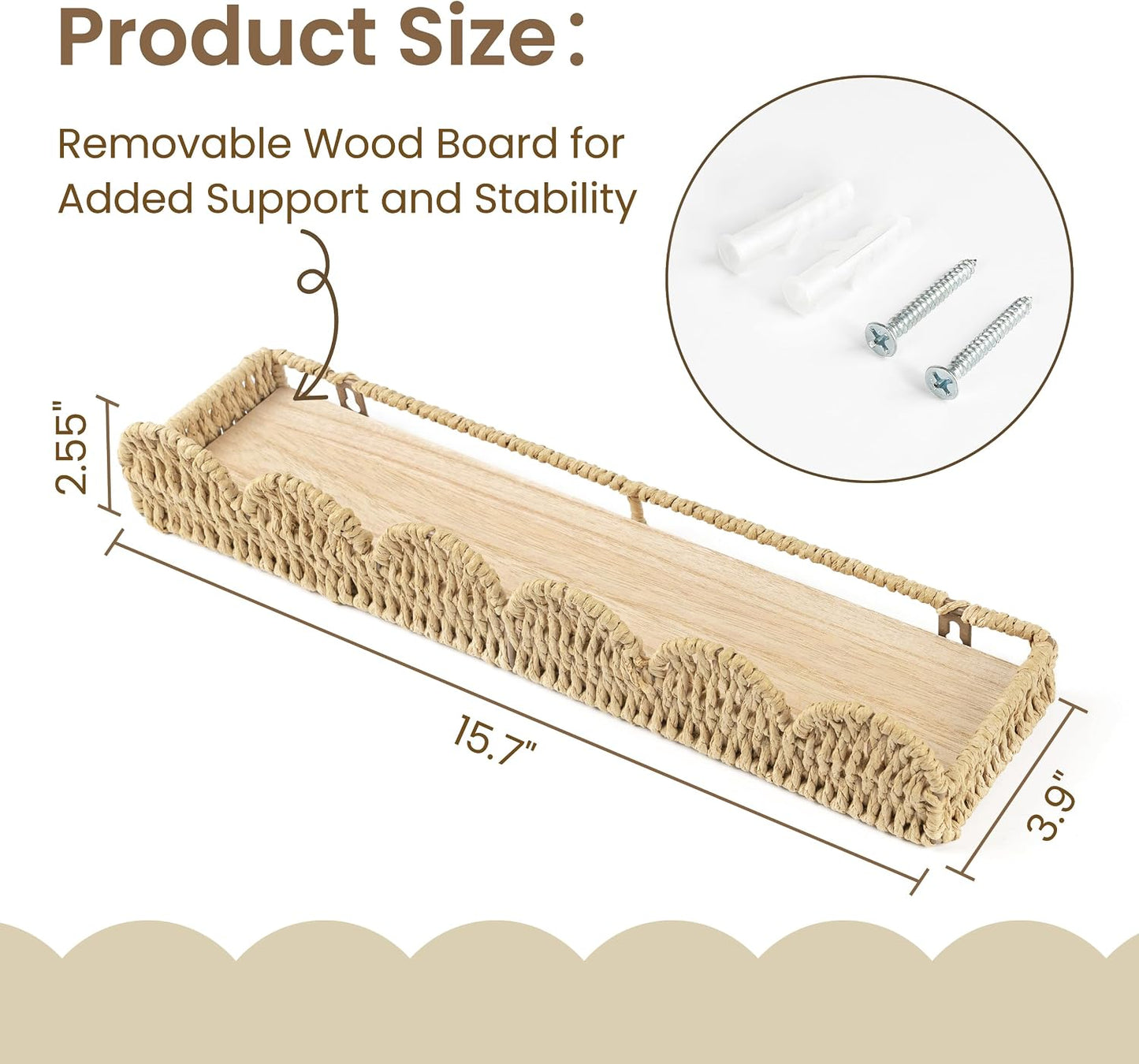 Scalloped Nursery Bookshelf, Set of 2, Picture Ledge Shelf for Wall Decor, Woven Straw Paper Floating Shelves for Books, Toys, Photo Frames, Nursery, Boho Modern Farmhouse Book Shelf, Beige