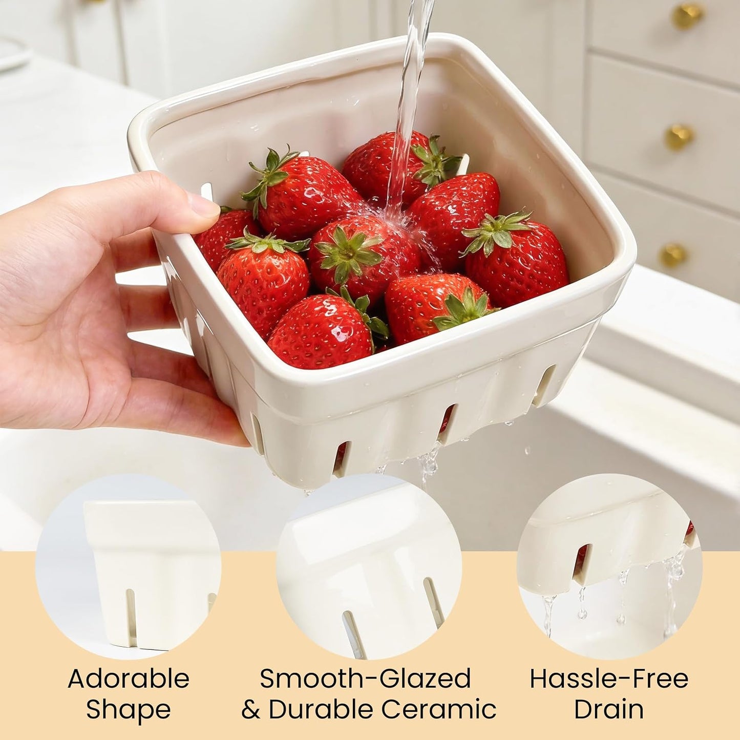 Ceramic Berry Basket, 5.9" Large Size Container for Fruit & Vegetables, Farmhouse Fruit Bowl, Strawberry Decor, Farmers Market, White Pink and Cute Strawberry Pattern, Stoneware Harvest Bowls for