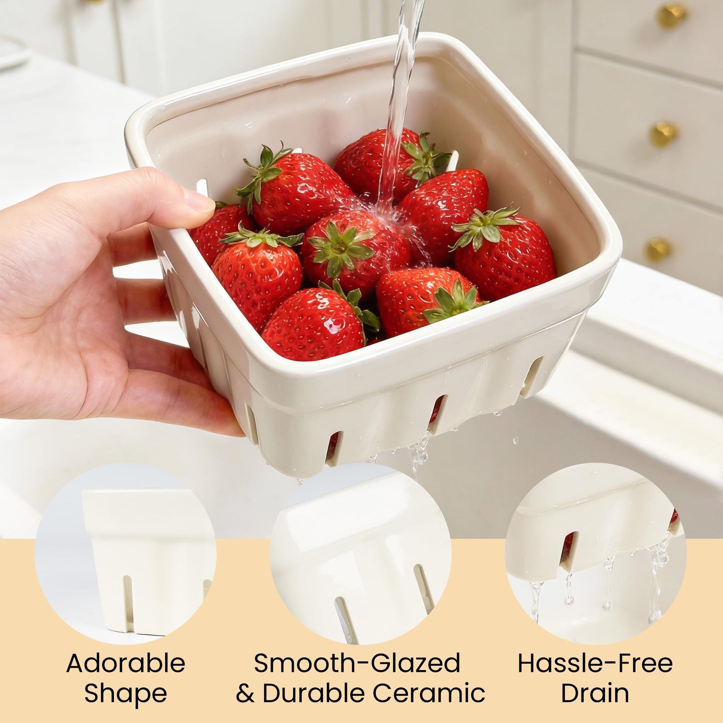 AELS Ceramic Berry Basket, 5.9" Container for Fruit & Vegetables, Farmhouse Fruit Bowl, Strawberry Decor, Farmers Market, White Pink and Cute Strawberry Pattern, Stoneware Harvest Bowls for Kitchen