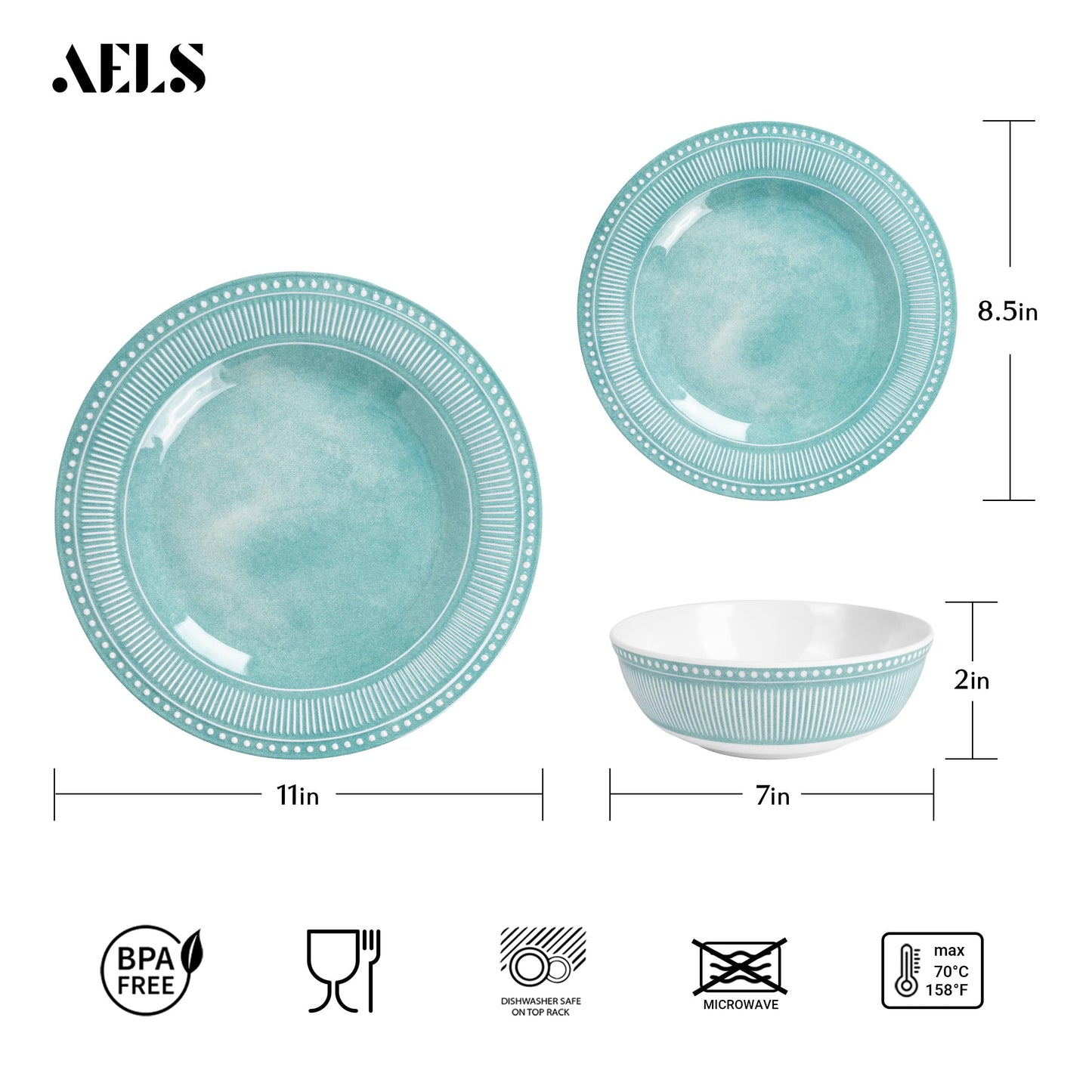 Melamine Dinnerware Set of 12 Pcs, Dinner Dishes Set for Indoor and Outdoor Use, Melamine Plates and Bowls Set for 4, Dishwasher Safe, Lightweight Unbreakable, BPA Free, Blue