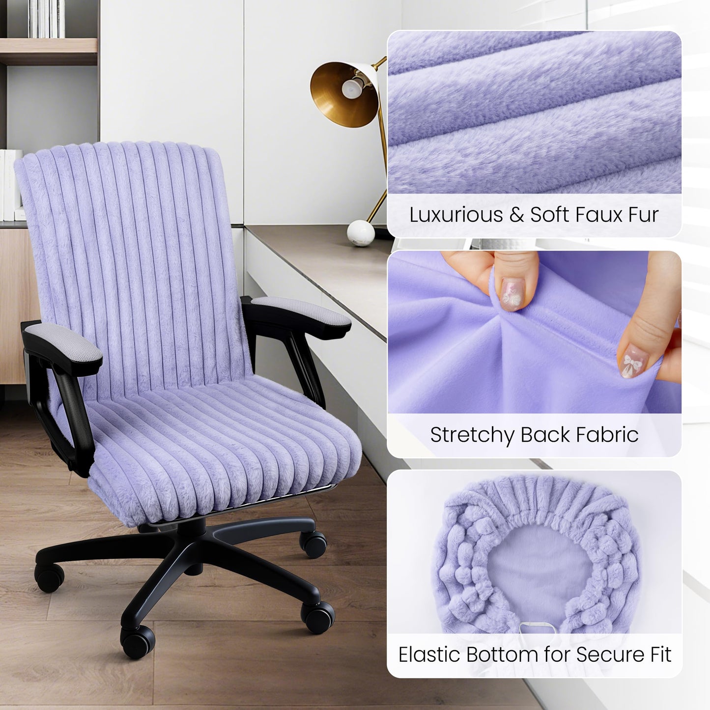 AELS Faux Fur Striped Office Chair Cover, Desk Chair Cover Computer Office Chair Covers - Fits Desk Chair/Armchair, Soft Breathable Fabric - Washable & Removable for Home & Office, Cream White