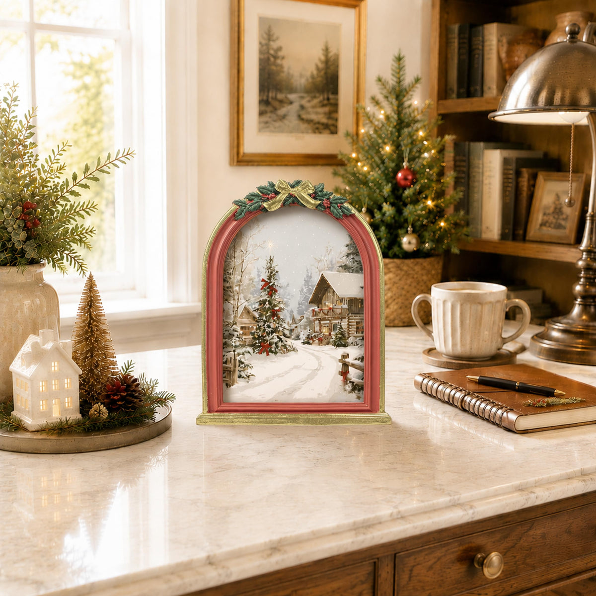 AELS 4x6 Inch Vintage Christmas Tree Picture Frames White Gold Bow