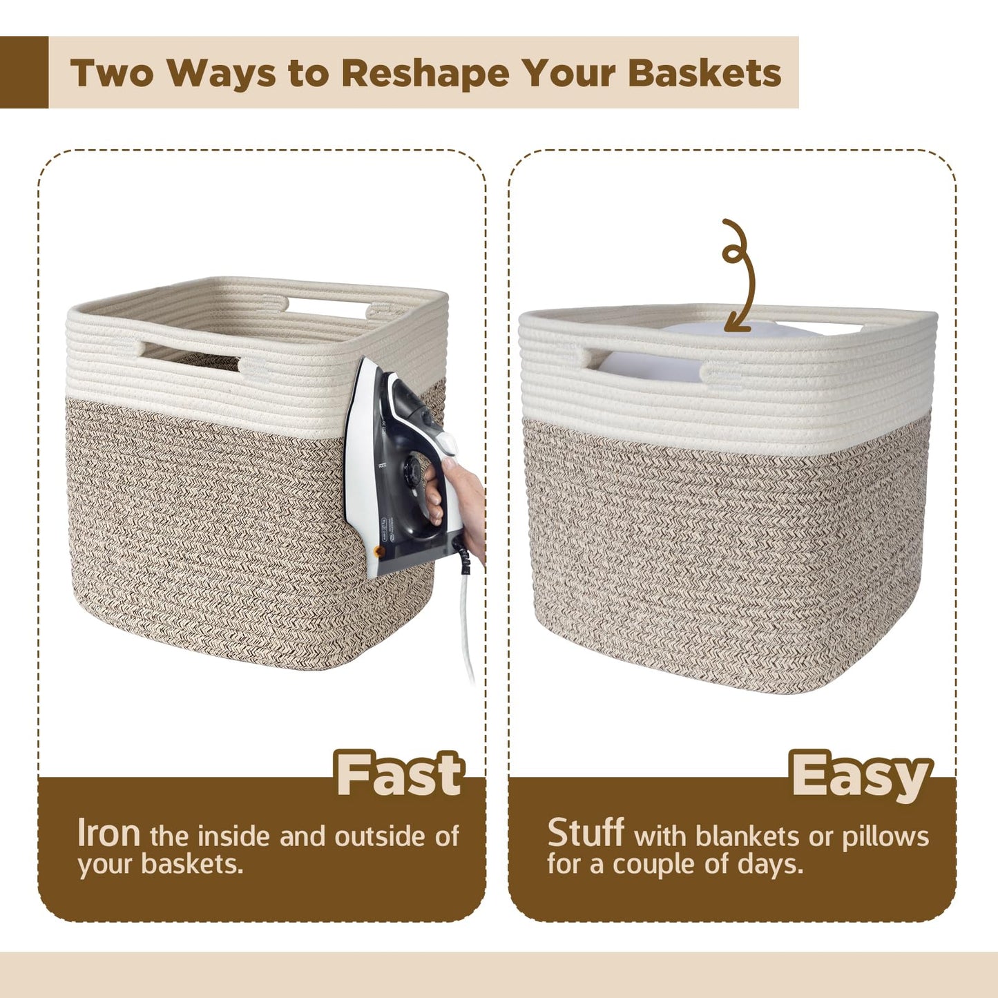 Hand Woven Cotton Basket for Storage, Cube Storage Bins with Handles, Foldable Collapsible Closet Organizers and Storage, Boho Farmhouse Storage Cubes for Shelves, Beige