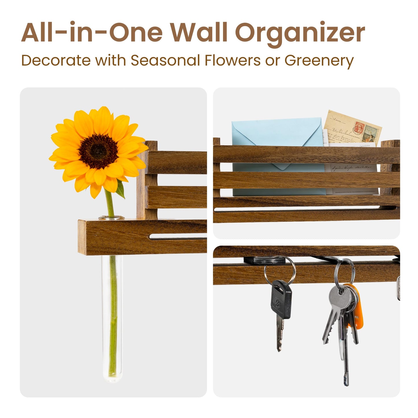 Black Wall Mounted Key Holder with Acrylic Vase & Mail Organizer, Wooden Entryway Key Rack with 5.9" Test Tube Vase, Decorative Key Hanger with Slot for Keys and Letters, Gift Idea