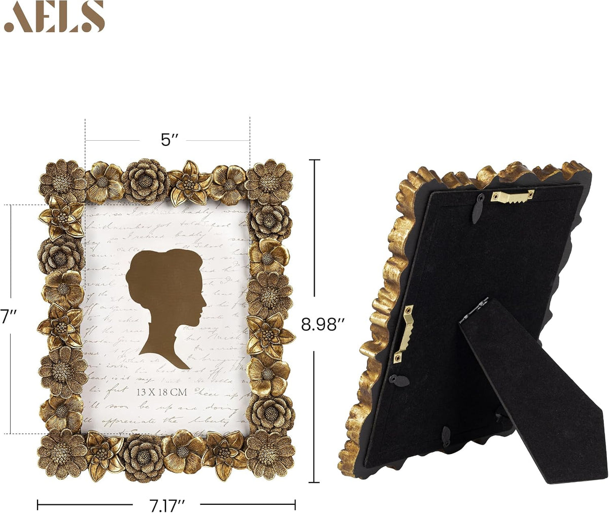 AELS 5x7 Inch Floral Vintage Picture Frame, Elegant Antique Photo Frames with Glass Front, Photo Display, Tabletop Wall Hanging, Gift Ideas, Gold Flower