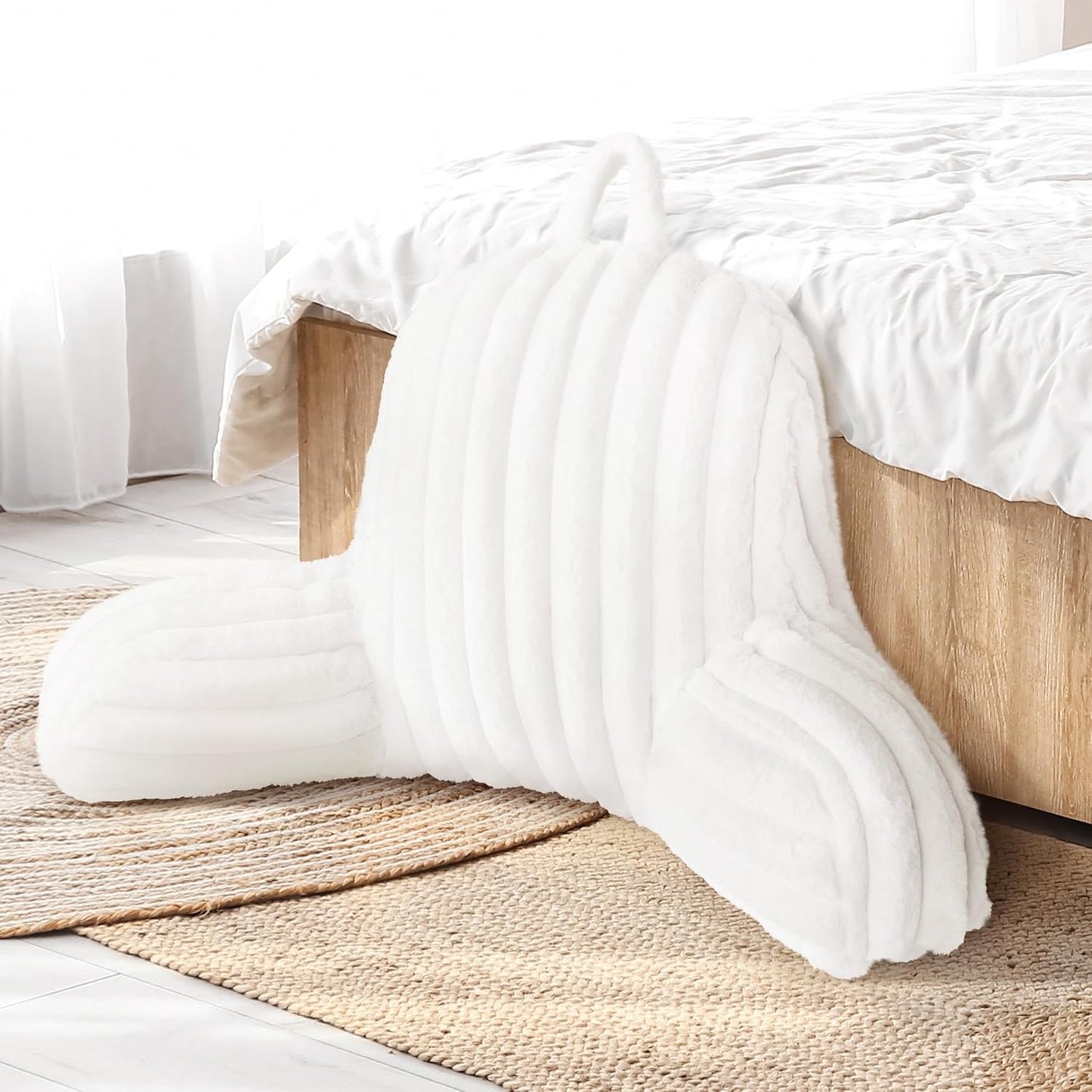 Large Reading Pillow Replacement Cover with Arms and Pockets (Cover ONLY), 18" Soft Faux Fur Striped Backrest Pillow Cover Fits Standard Size Reading Pillows, Cream White