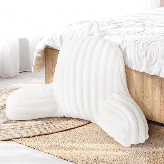 Large Reading Pillow Replacement Cover with Arms and Pockets (Cover ONLY), 18" Soft Faux Fur Striped Backrest Pillow Cover Fits Standard Size Reading Pillows, Cream White