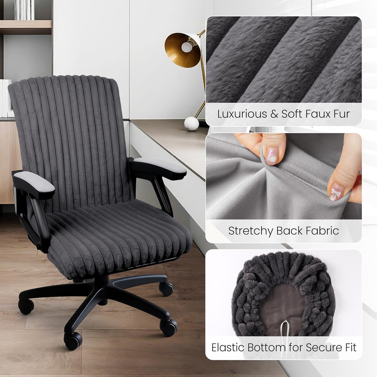 AELS Faux Fur Office Chair Cover with Zipper, Chair Slipcover Dark Grey