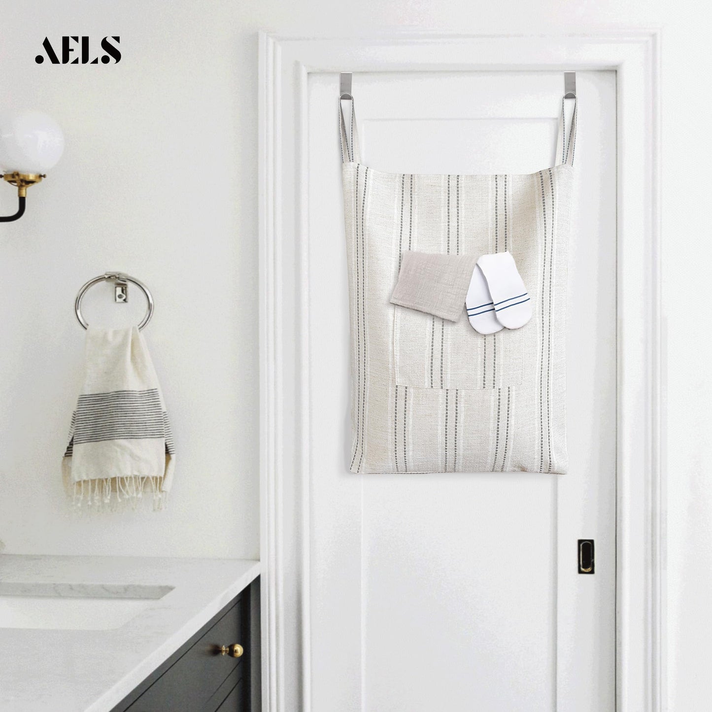 Farmhouse Hanging Laundry Hamper with 2 Hooks, Washable Beige & Stripes Laundry Bag with Zipper & Wide Open Top, Over the Door Organizer for Dirty Clothes, Space Saving Storage