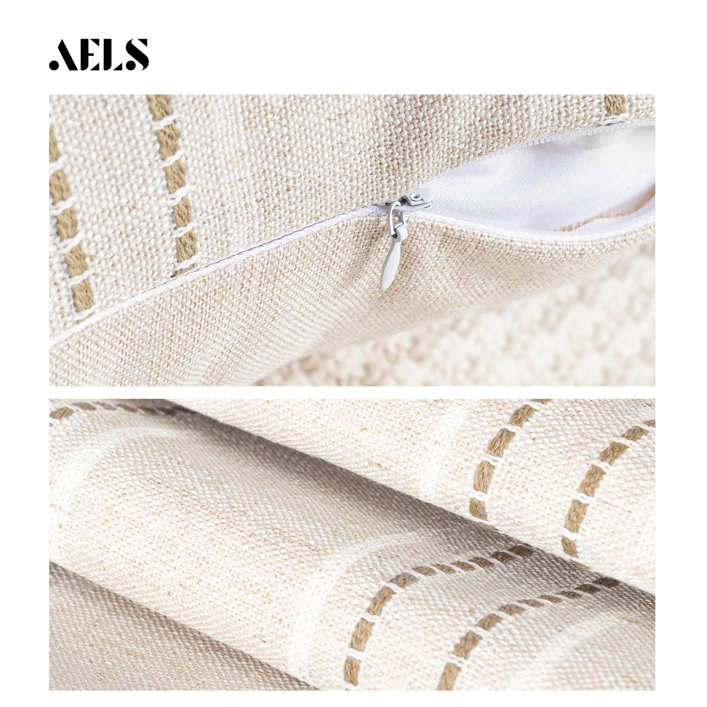 AELS 12x20 Decorative Farmhouse Linen Throw Pillow Covers, Boho Rectangle Lumbar Pillow Case, Set of 2, Beige with White & Gray Stripe Patchwork Cushion Cover for Sofa Couch Living Room (Cover ONLY)