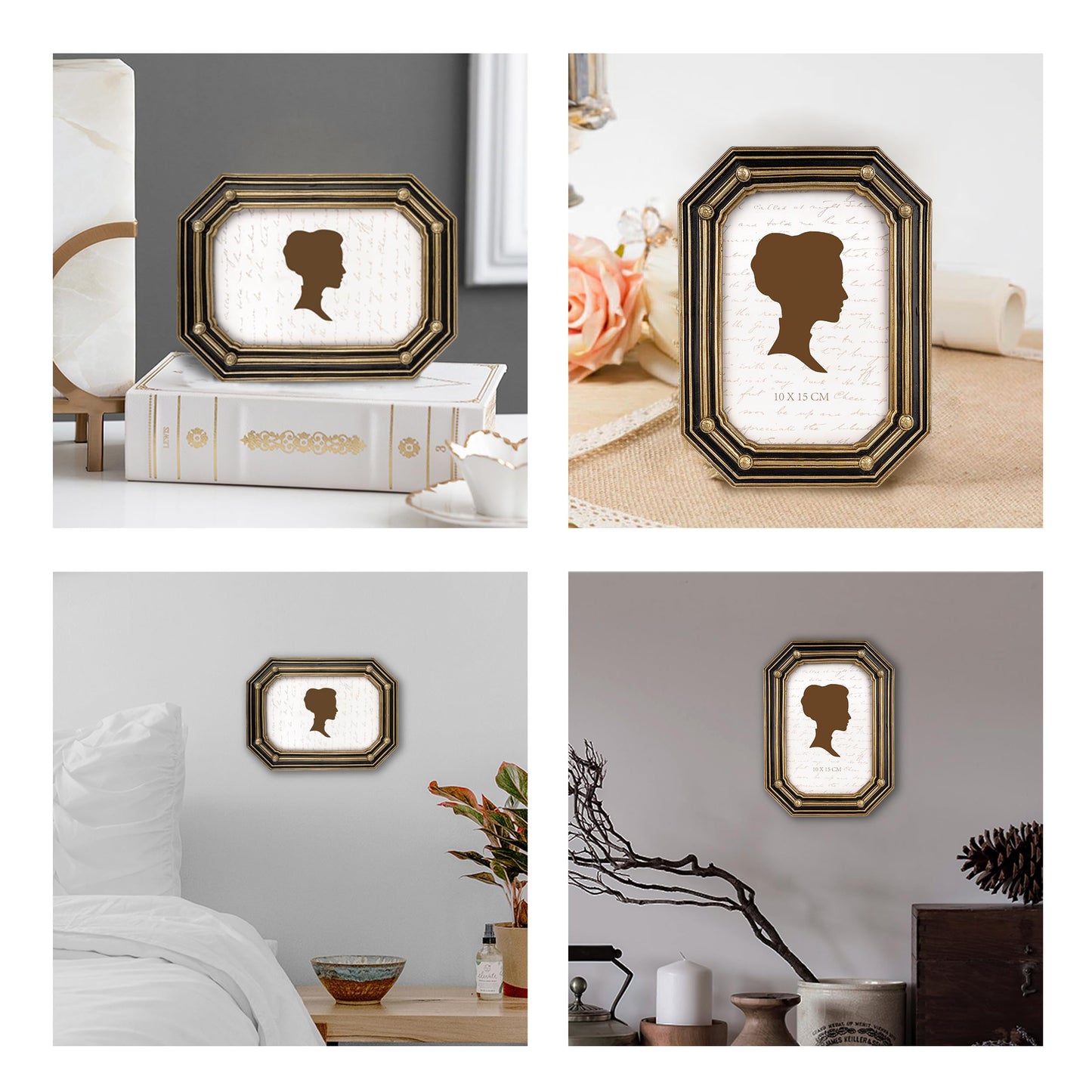AELS 4x6 Inch Vintage Octagon Picture Frame, Elegant Antique Photo Frames with Glass Front, Photo Display, Tabletop Wall Hanging, Gift Ideas, Gold and Black Polygon