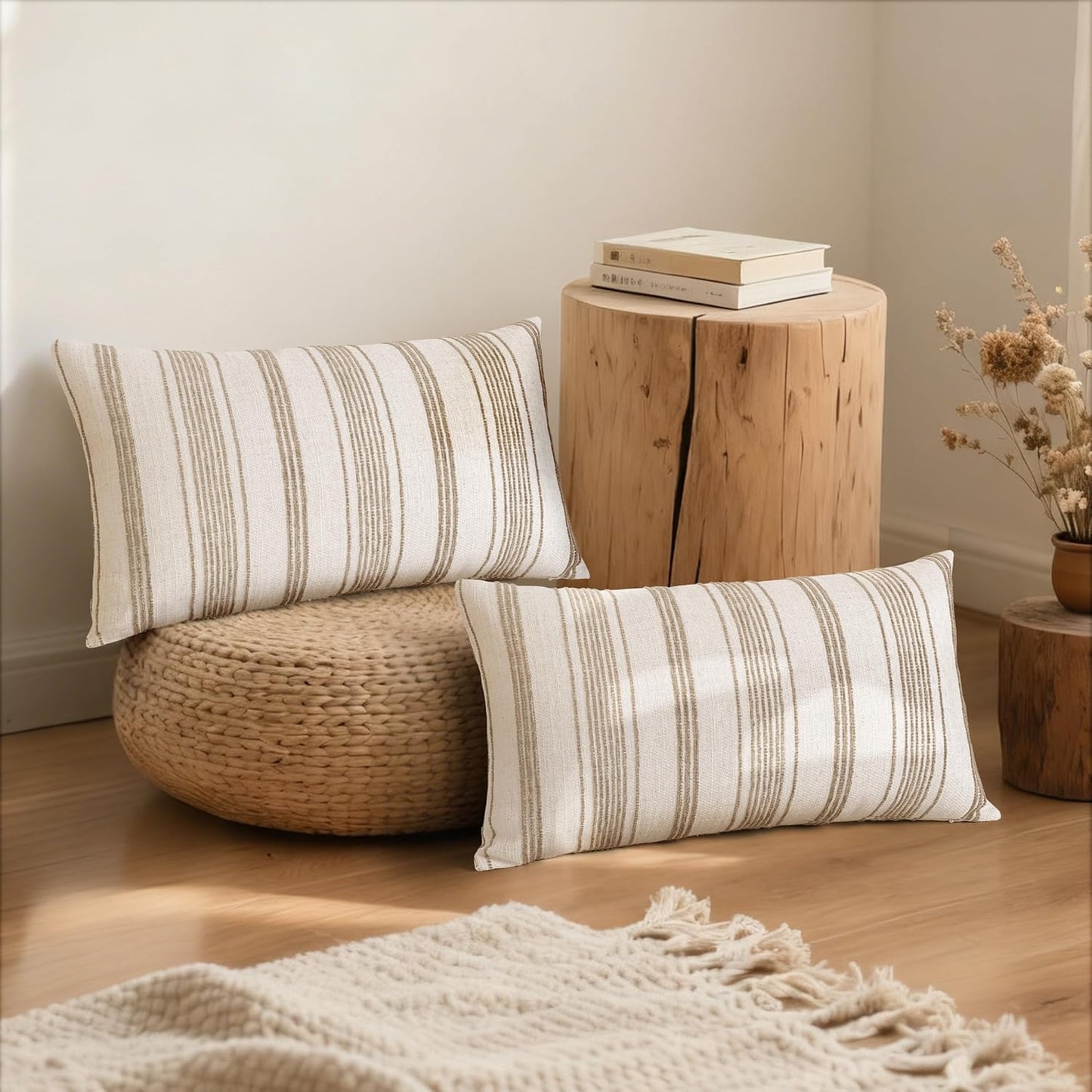 AELS 12x20 Decorative Farmhouse Linen Lumbar Pillow Covers, Beige with Olive Green Chenille Striped Pillow Case, Set of 2, Boho Textured Cushion Cover for Sofa Couch Living Room (Cover ONLY)