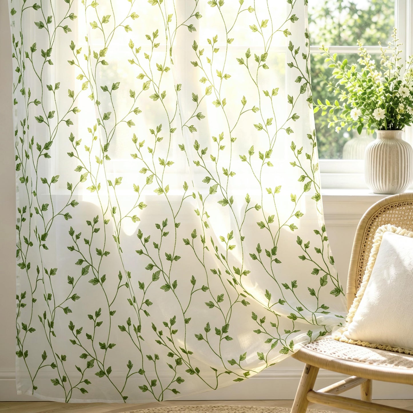 Semi White Sheer Curtains 84 Inches Long 2 Panels Set, White Stem | Embroidered Leaf Patterned Voile Window Treatments for Living Room Bedroom, Airy Light Filtering Grommet Curtains 52"W x 84"L