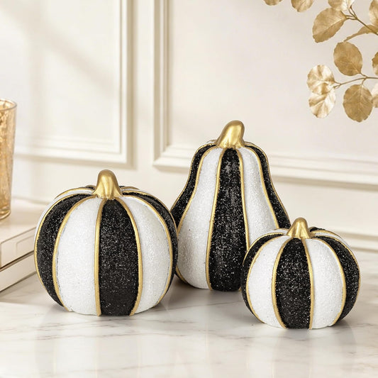 AELS Modern Pumpkins Fall Decor Indoor, Set of 3 Elegant Tabletop Decorations, Resin Artificial Pumpkins with Glitter Finish for Fall Table Runner, Office, Holiday Party Home, Black and White