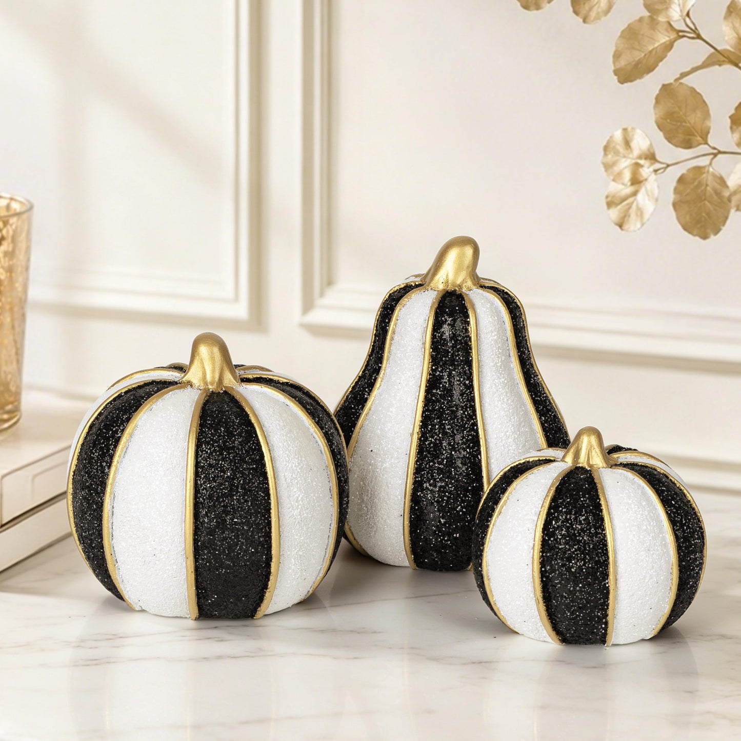 AELS 5.9" Tall Modern Farmhouse Pumpkins Fall Decor Indoor, Set of 2 Elegant Tabletop Decorations, Resin Artificial Pumpkins Decor for Fall Table Runner, Office, Holiday Party Home, White