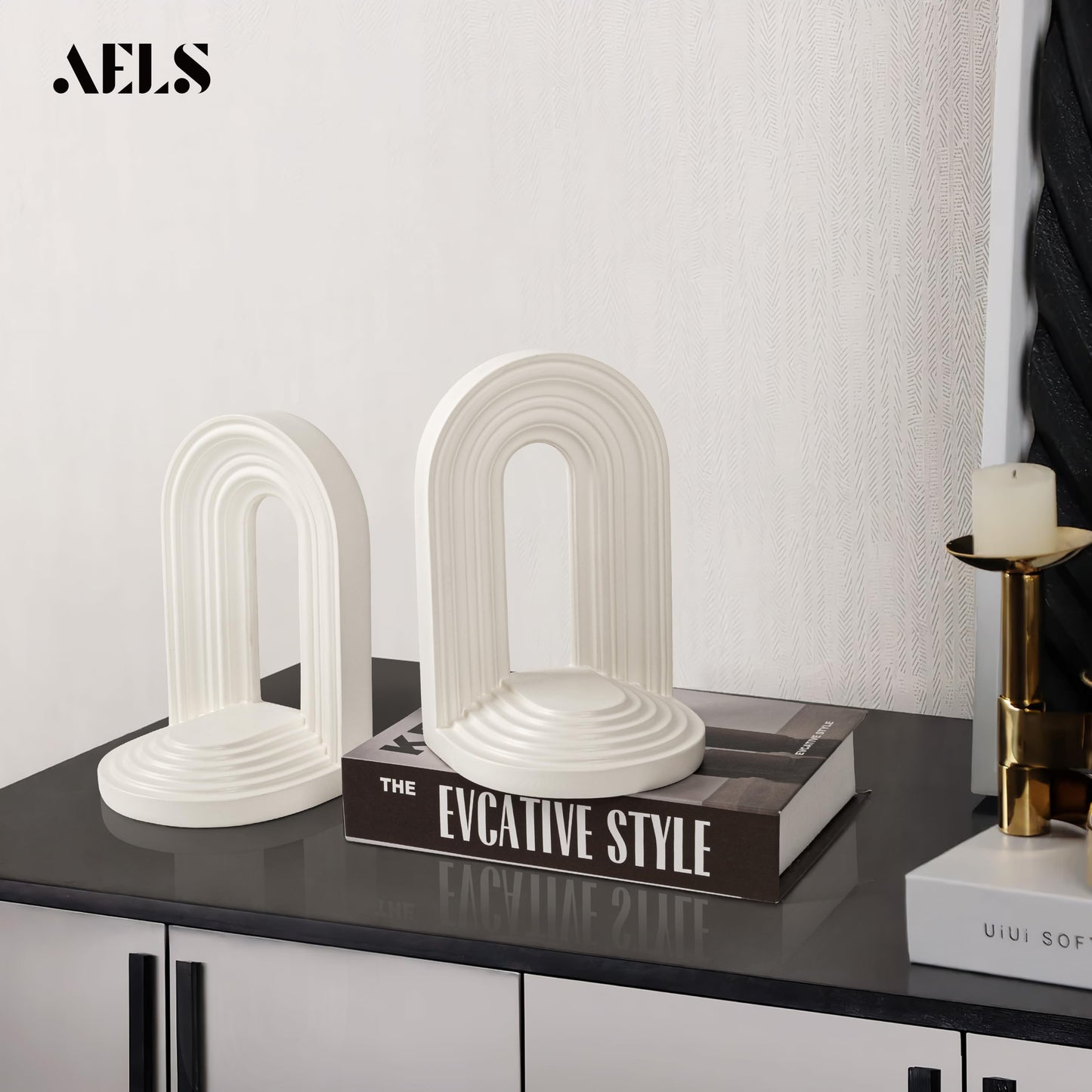 AELS Mordern Bookends, Mid Century Arch Heavy Duty Book Ends, Unique Decorative Bookend Supports for Shelves, Office Desktop Book Stand, Stopper for Books/Movies/CD, Cream