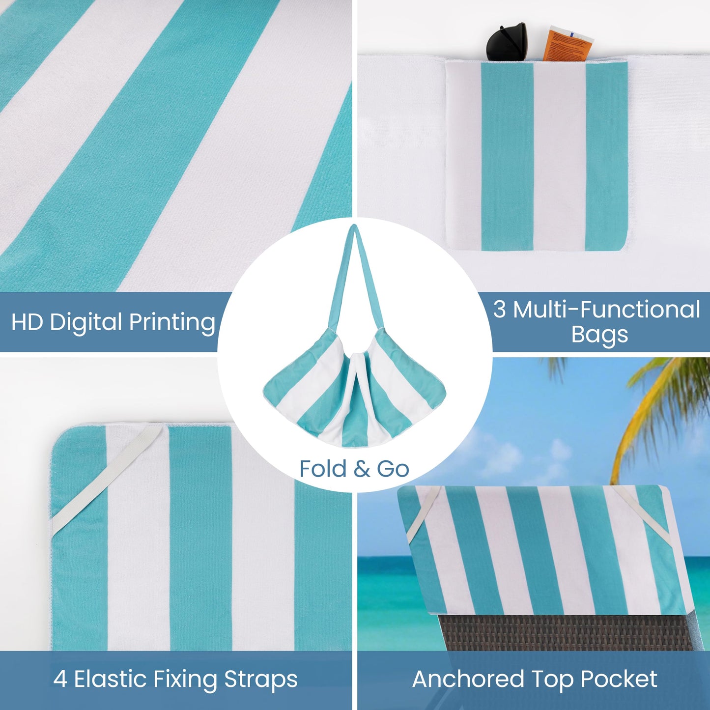 Lounge Chair Towel Cover, Pack of 2 - Microfiber Beach Towels with Pockets, Fits Outdoor Garden Beach Hotel Pool Chairs, Non-Slip & Portable Design, 85" X 30", Ombre Blue Stripes