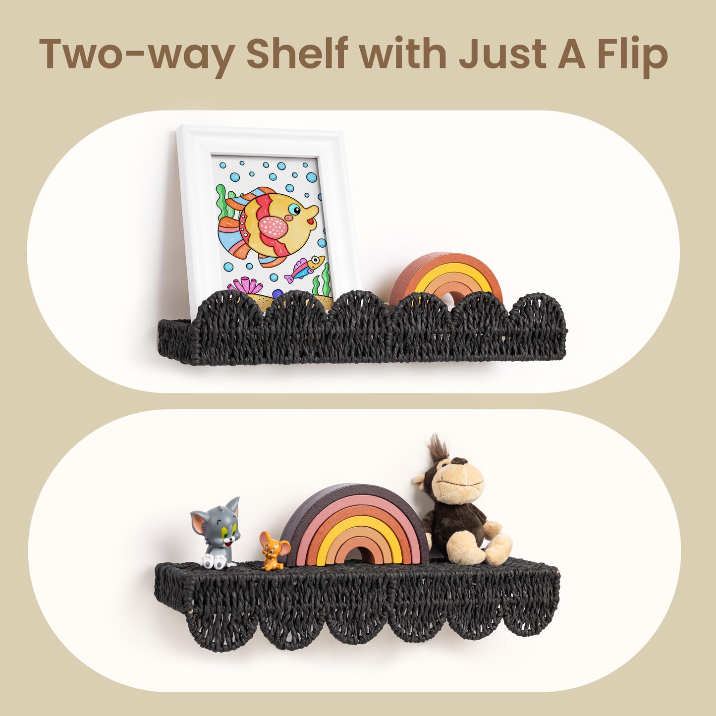 Scalloped Nursery Bookshelf, Set of 2, Picture Ledge Shelf for Wall Decor, Woven Straw Paper Floating Shelves for Books, Toys, Photo Frames, Nursery, Boho Modern Farmhouse Book Shelf, Beige
