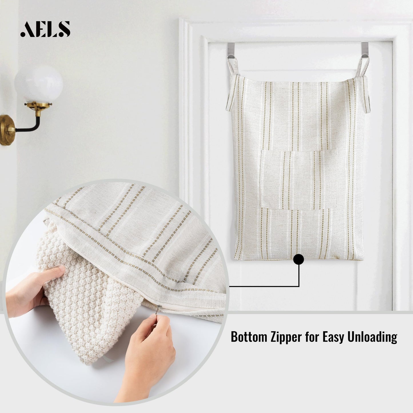 Farmhouse Hanging Laundry Hamper with 2 Hooks, Washable Beige & Stripes Laundry Bag with Zipper & Wide Open Top, Over the Door Organizer for Dirty Clothes, Space Saving Storage