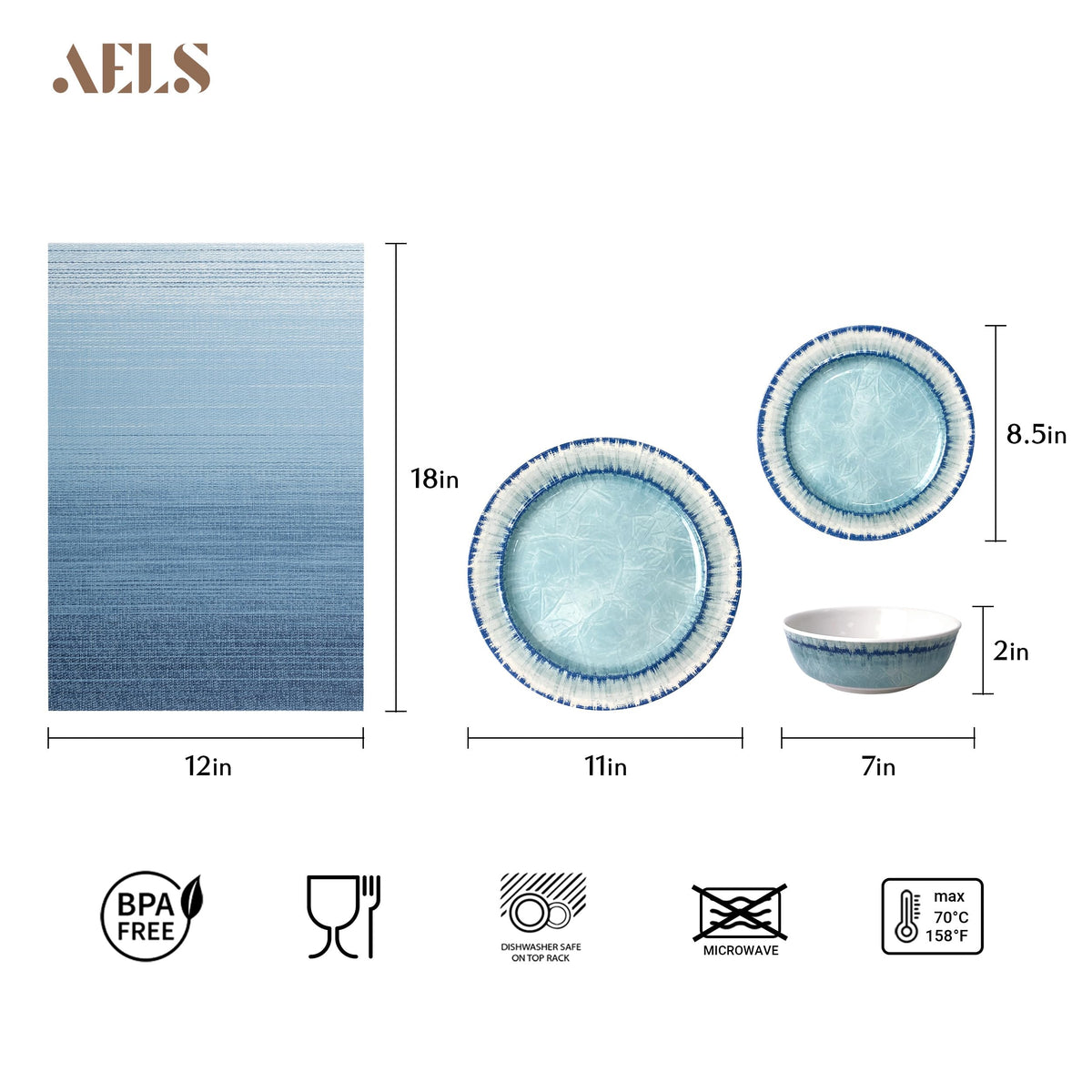 AELS Melamine Dinnerware Set of 18 Pcs Dinner Dishes Set, Lightweight Unbreakable for Indoor and Outdoor Use, BPA Free, Dishwasher Safe, Light Blue