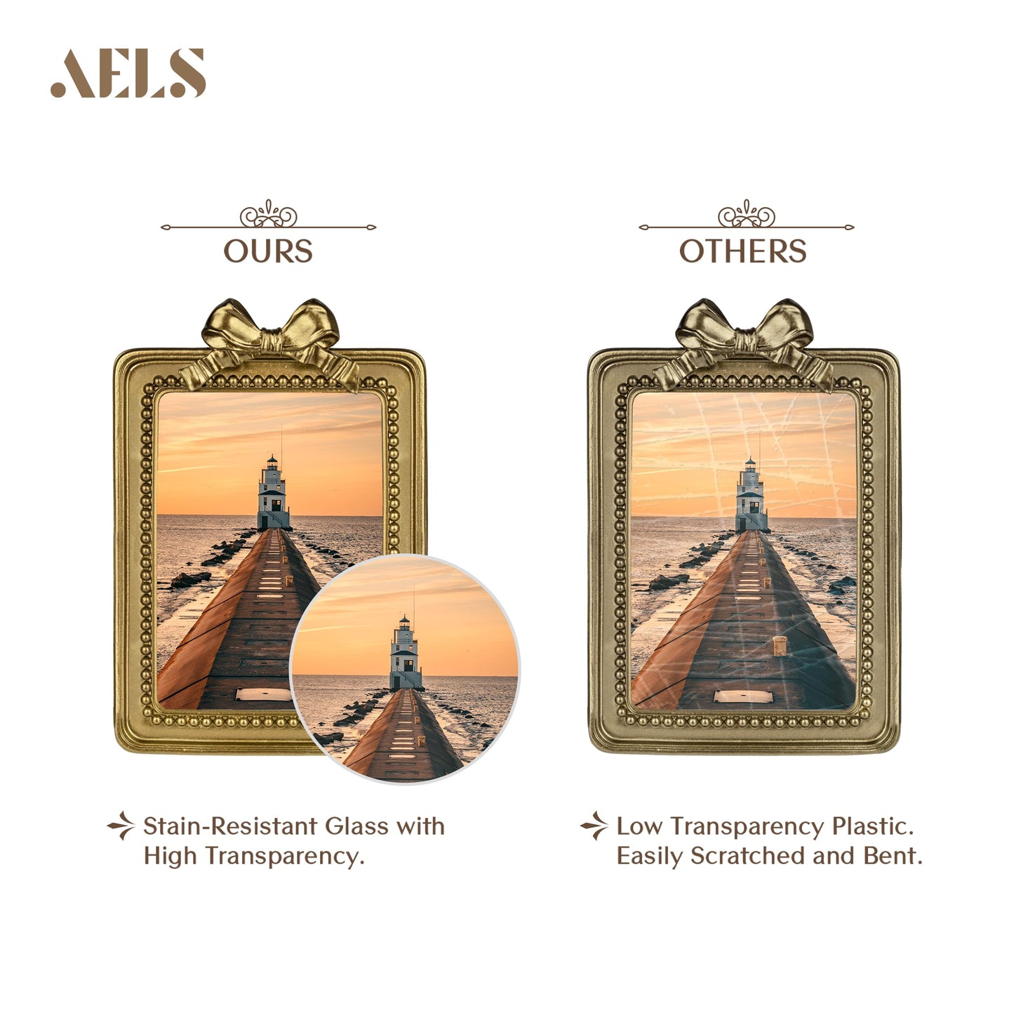 AELS 4x4 Inch Heart Shaped Vintage Picture Frame, Elegant Antique Bow Photo Frames with Glass Front, Photo Display, Tabletop Wall Hanging, Gift Ideas, Golden Bronze
