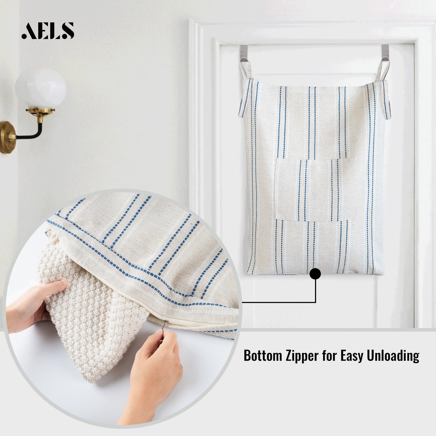 Farmhouse Hanging Laundry Hamper with 2 Hooks, Washable Beige & Stripes Laundry Bag with Zipper & Wide Open Top, Over the Door Organizer for Dirty Clothes, Space Saving Storage