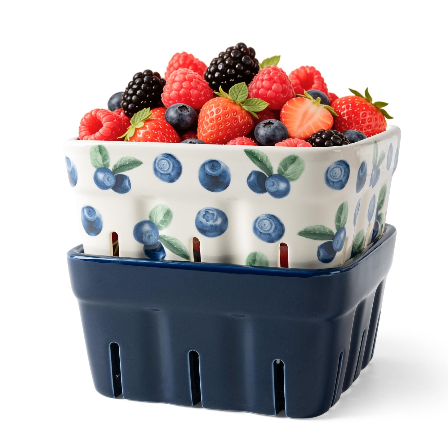 AELS Ceramic Berry Basket, 5.9" Container for Fruit & Vegetables, Farmhouse Fruit Bowl, Strawberry Decor, Farmers Market, White Pink and Cute Strawberry Pattern, Stoneware Harvest Bowls for Kitchen